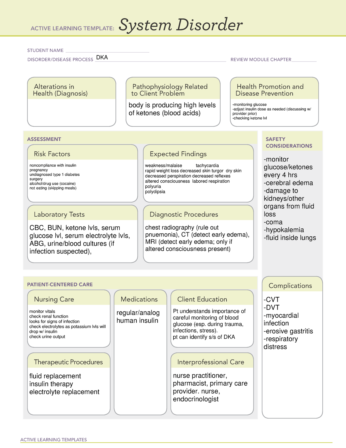 DKA System Disorder ATI Template ACTIVE LEARNING TEMPLATES System