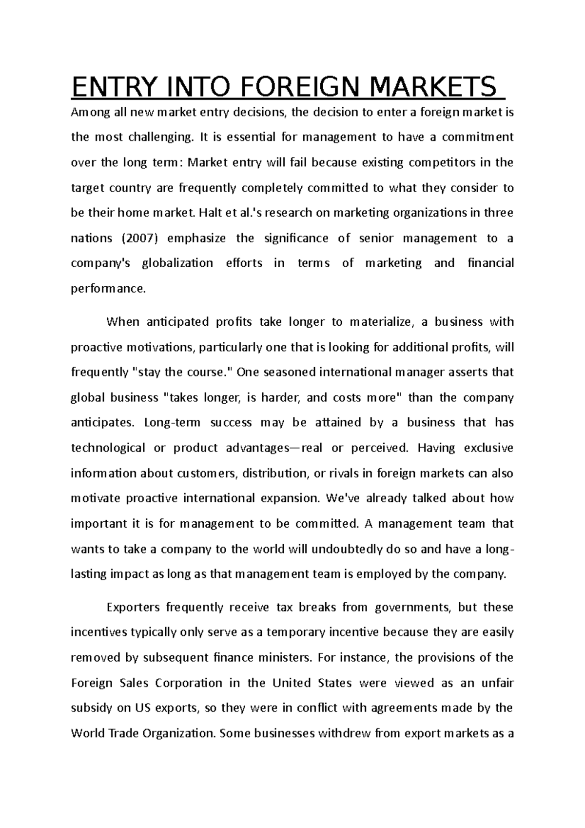 Entry INTO Foreign Markets - ENTRY INTO FOREIGN MARKETS Among all new ...