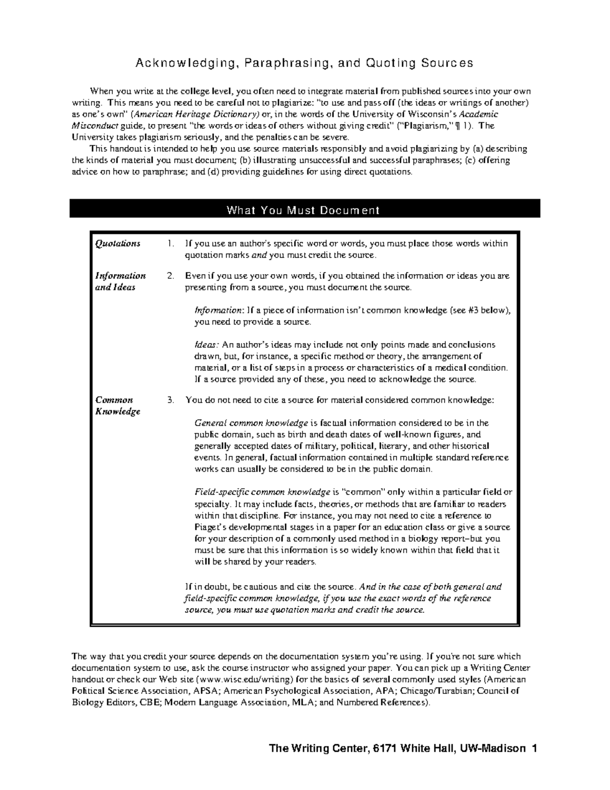 Acknowledging Sources - Acknowledging, Paraphrasing, and Quoting ...