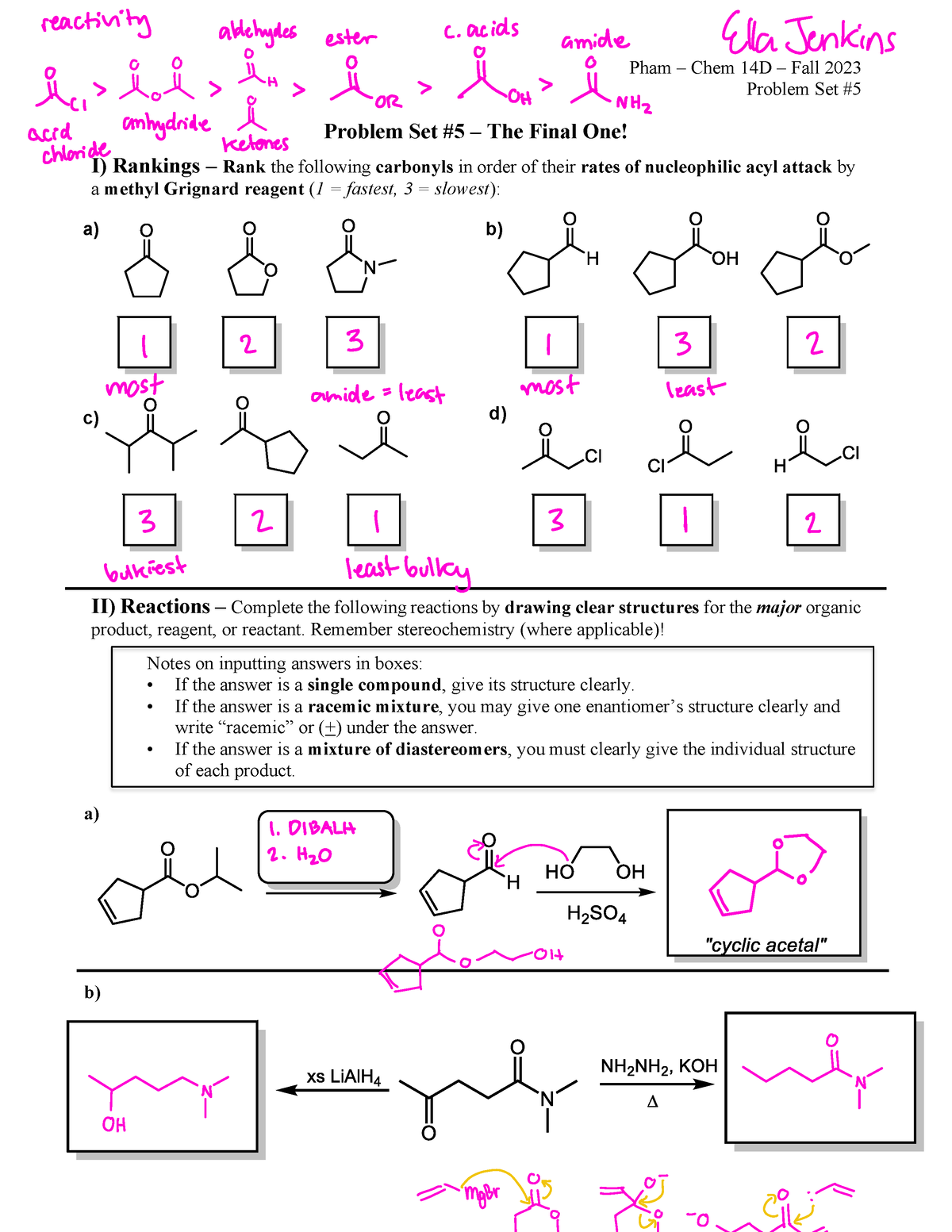 Problem Set Five - Pham – Chem 14D – Fall 2023 Problem Set # Problem ...