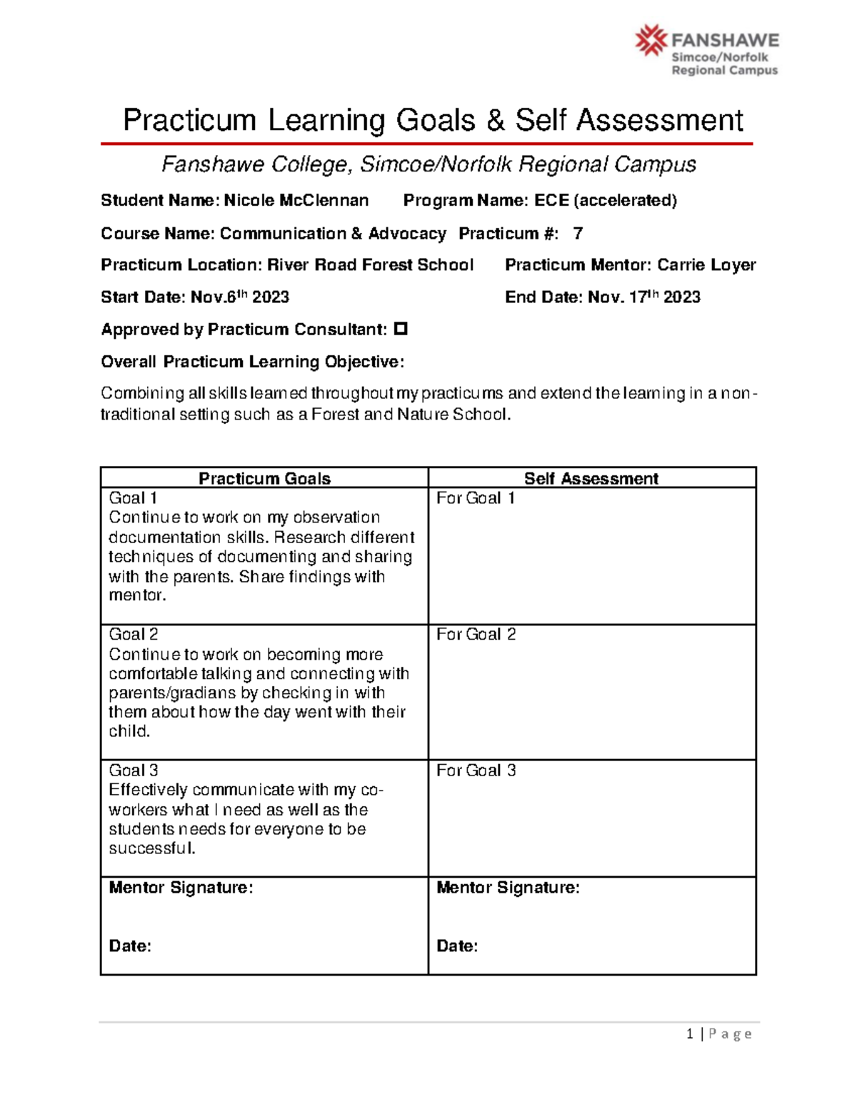 Practicum Learning Goals and Self Assessment 1 P a g e Practicum