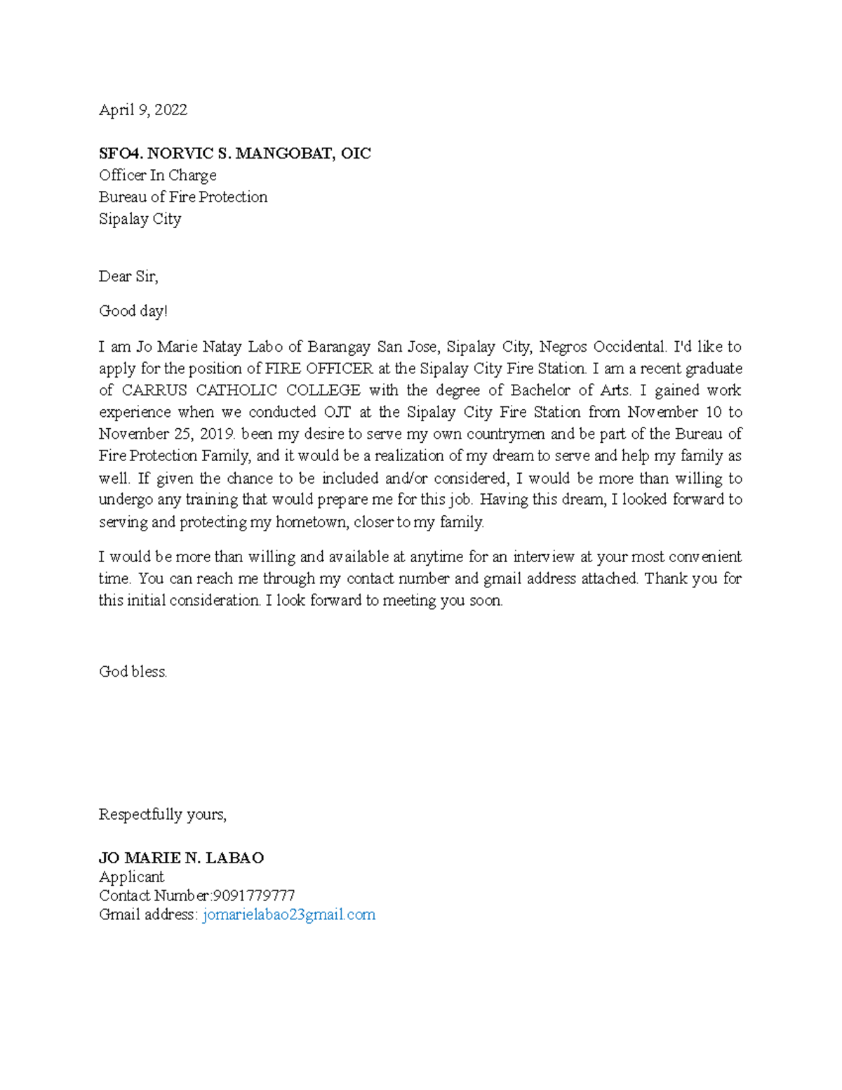 Application-letter - April 9, 2022 SFO4. NORVIC S. MANGOBAT, OIC ...