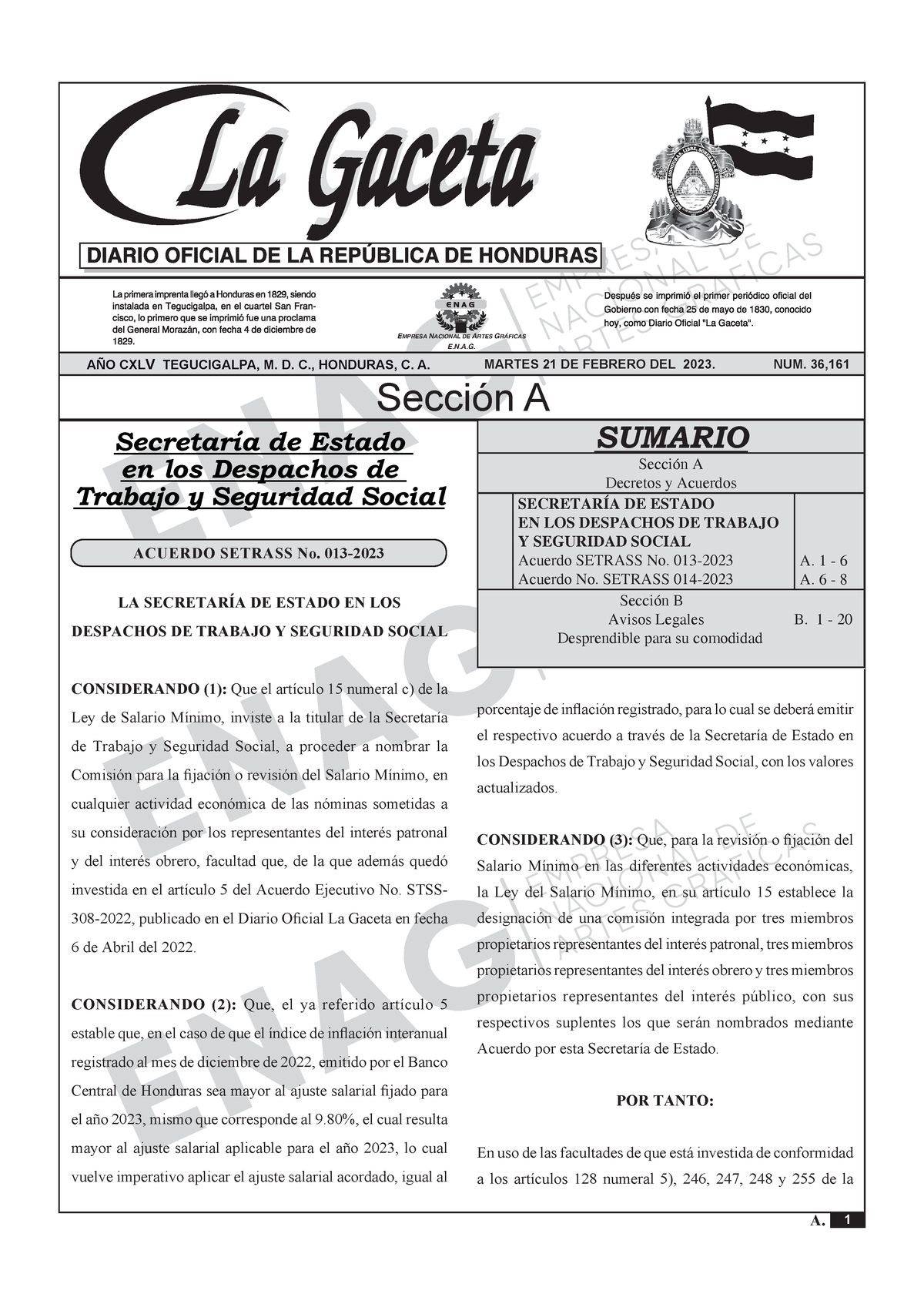 Gaceta 21 DE Febrero DE 2023 36161 Seccion A EMPRESA NACIONAL DE