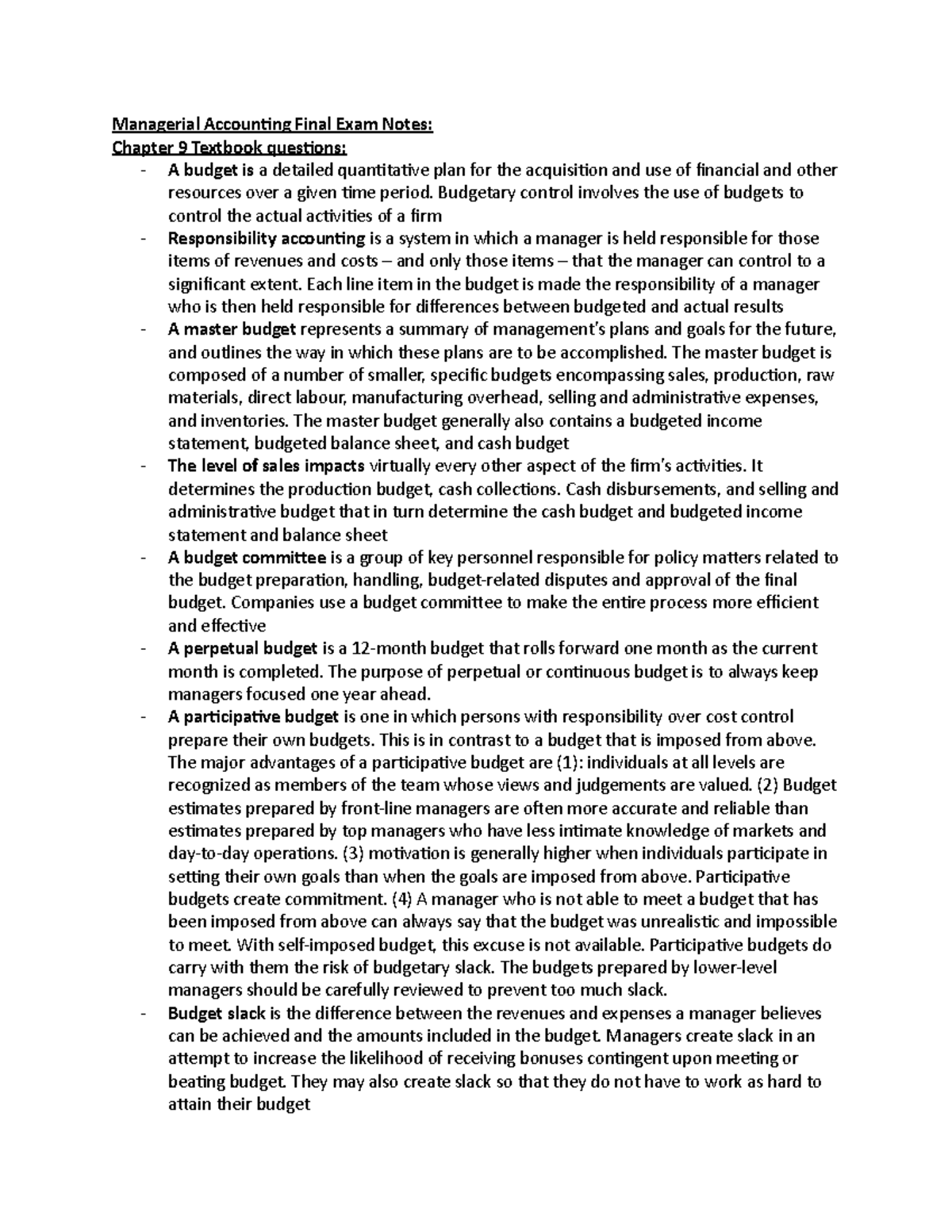 Managerial Accounting Final Exam Notes - Managerial Accounting Final ...