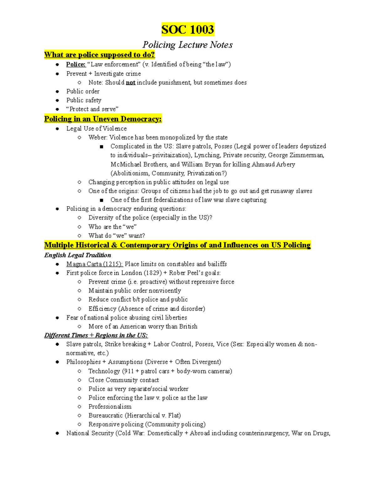 SOC 1003 Policing Lecture Notes - Policing Lecture Notes What are ...