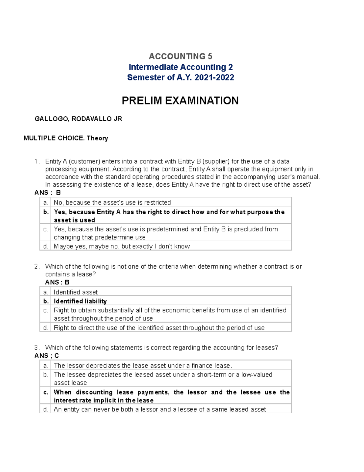 Final Examination Intermediate Accounting Gallogo - ACCOUNTING 5 ...