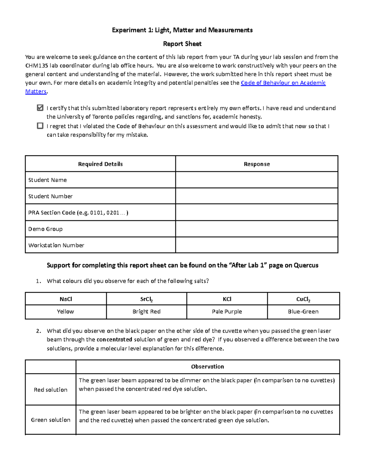 CHM135 Lab 1 Report Sheet - Experiment 1: Light, Matter and ...