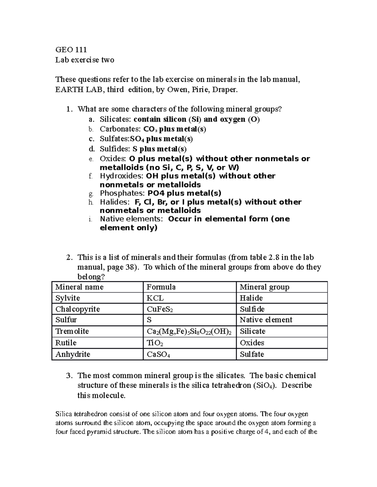 Lab Assignment Two, Minerals Part 2 - GEO 111 Lab Exercise Two These ...