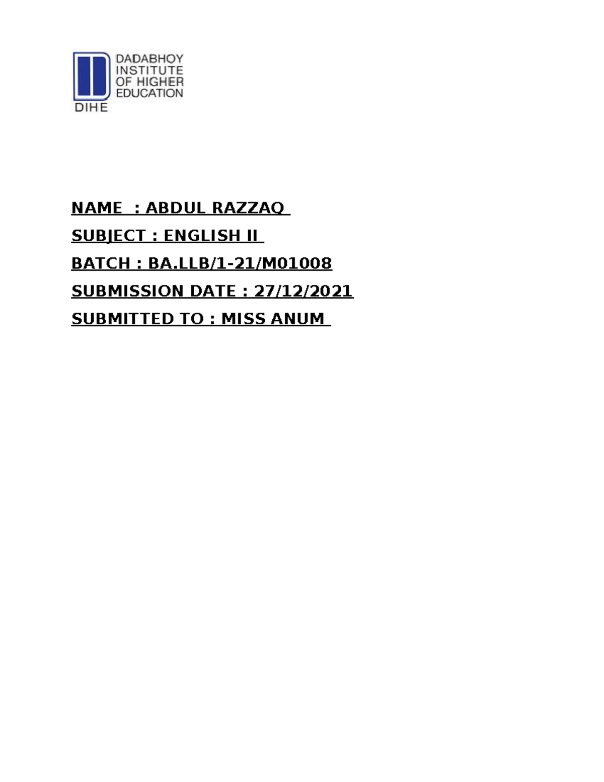 Abdul razzak - NAME : ABDUL RAZZAQ SUBJECT : ENGLISH II BATCH : BA/1-21 ...