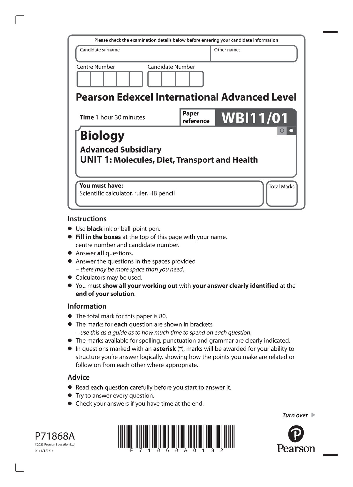 Edexcel Biology Unit1 Jan2023 Questionpaper - Centre Number Candidate ...