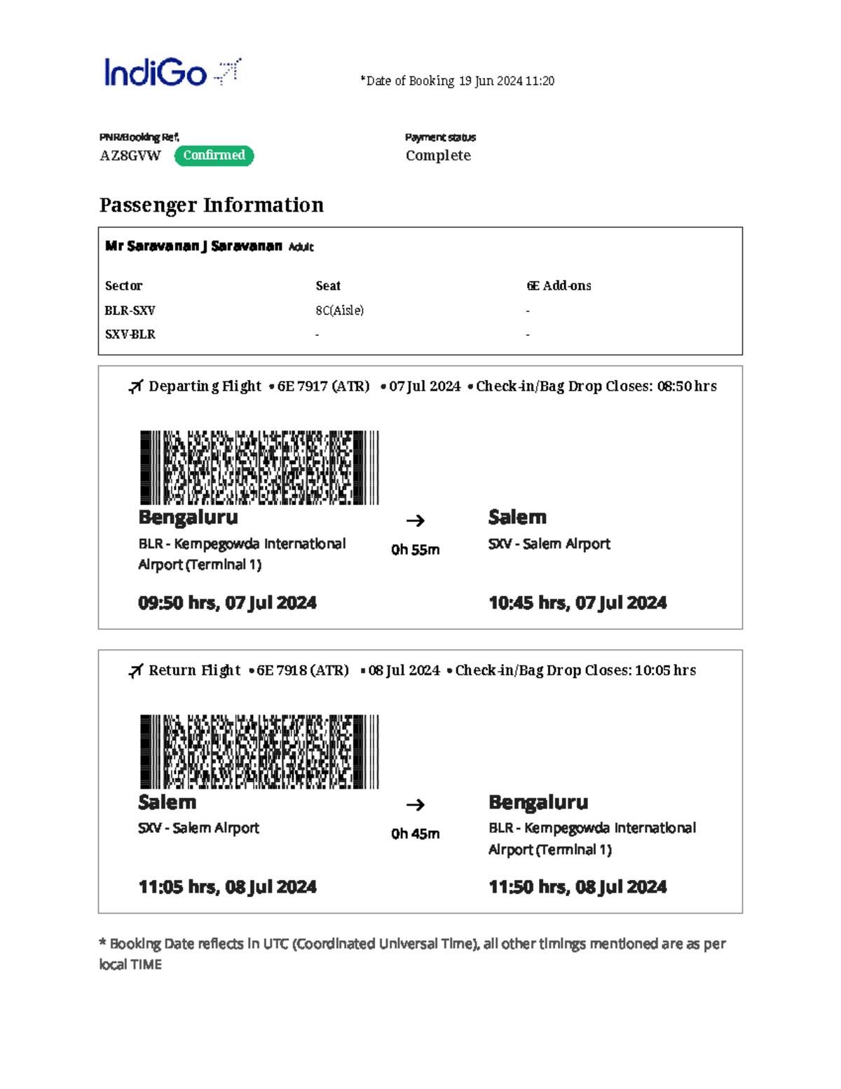 Done - Notes - PNR/Booking Ref. AZ8GVW Confirmed Payment status ...