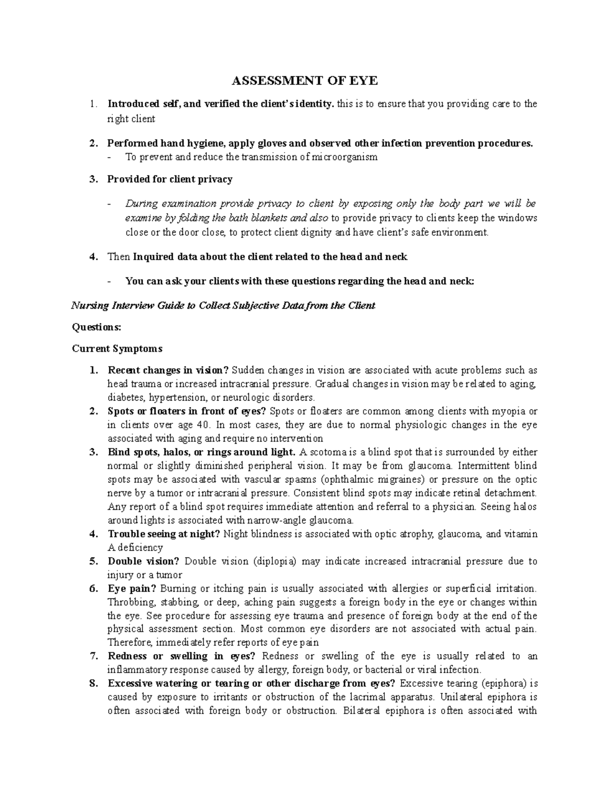 Assessment-OF-EYE-AND-EARS - ASSESSMENT OF EYE Introduced self, and ...