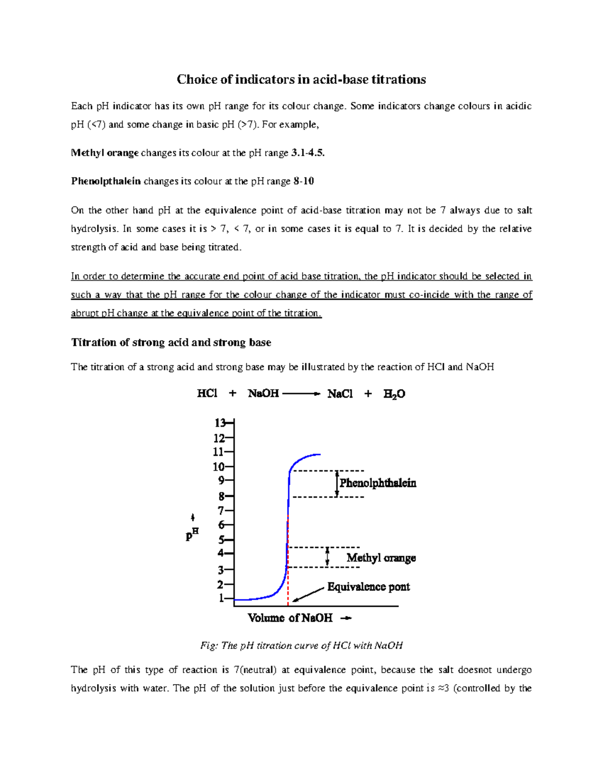Choice of indicators acidbase titration Choice of indicators in acid