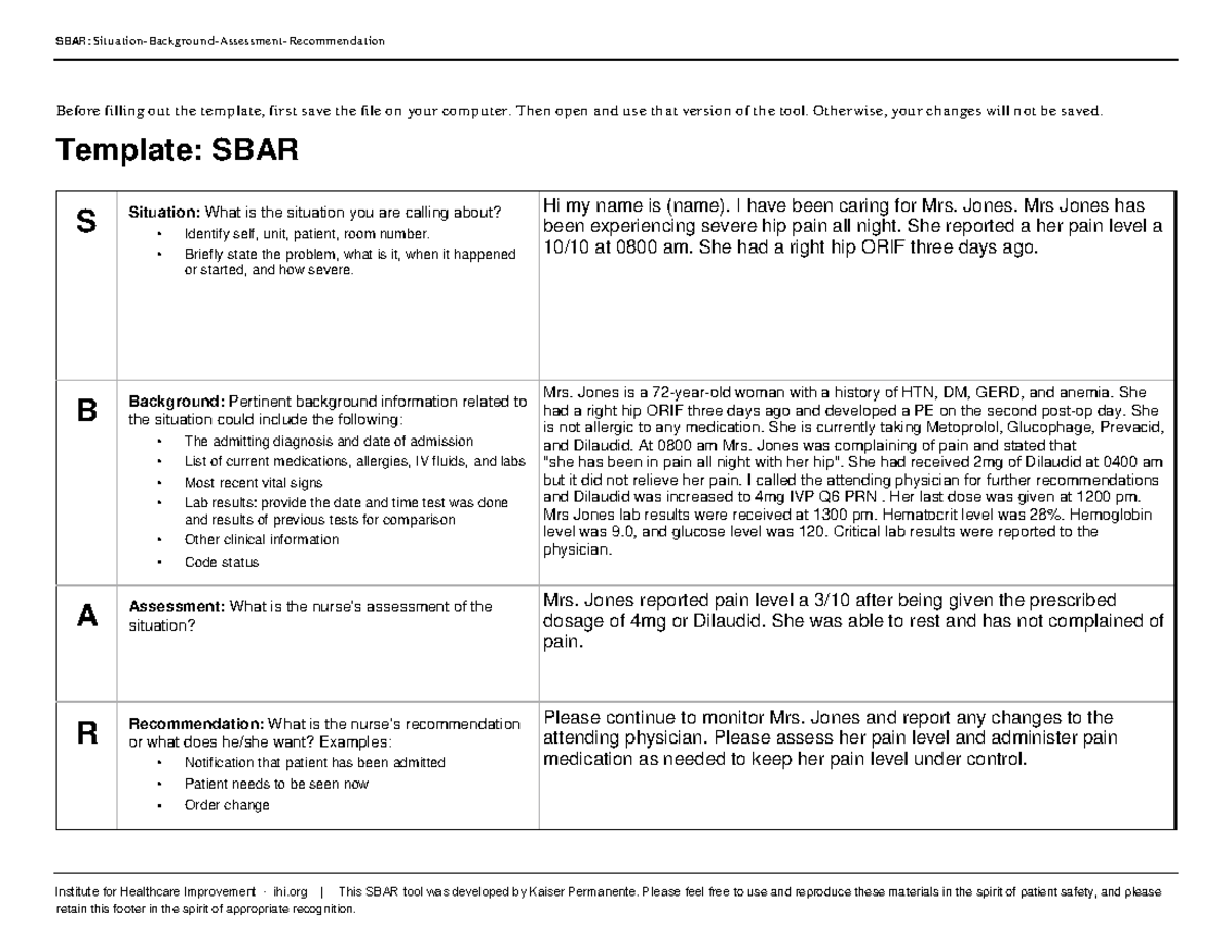 Completed SBAR NUR218 - SBAR - SBAR: Situation-Backgrou n d-Assessmen t ...