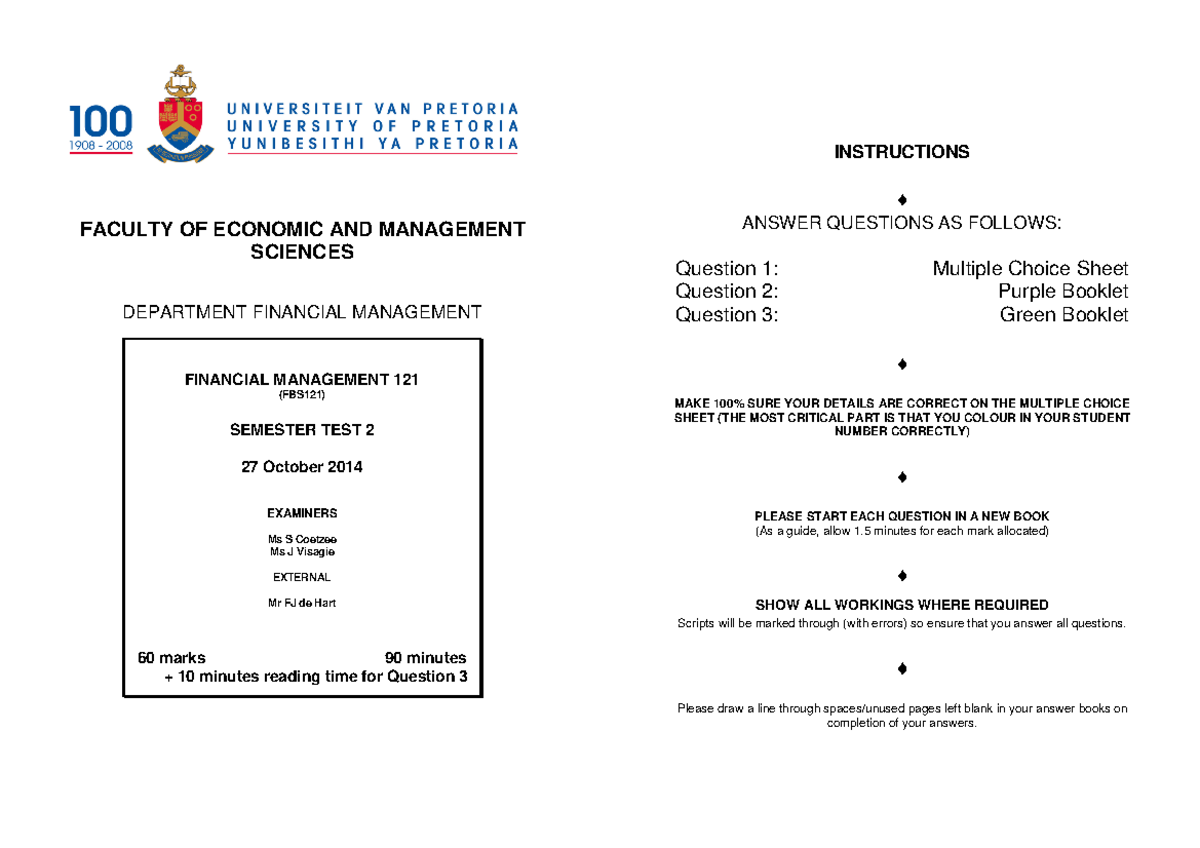 Test 2014 - FACULTY OF ECONOMIC AND MANAGEMENT SCIENCES DEPARTMENT ...