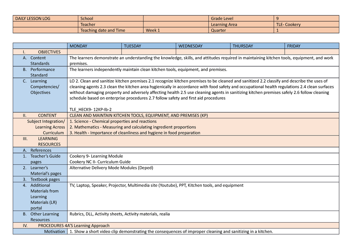 Cookery 9 Q1 DLL Week2 - DAILY LESSON LOG School Grade Level 9 Teacher ...