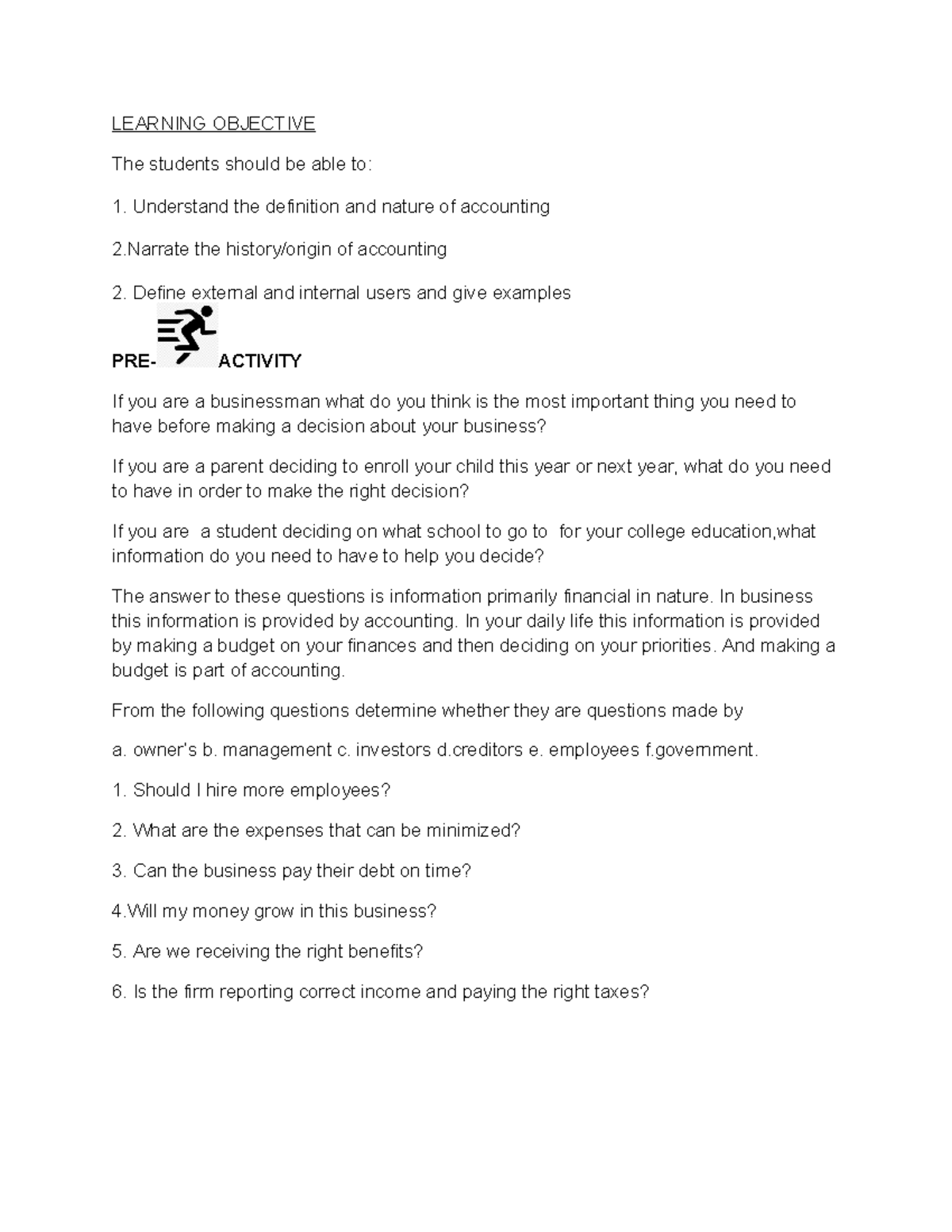 Lesson 1 Accounting 1 - Formative - LEARNING OBJECTIVE The students ...