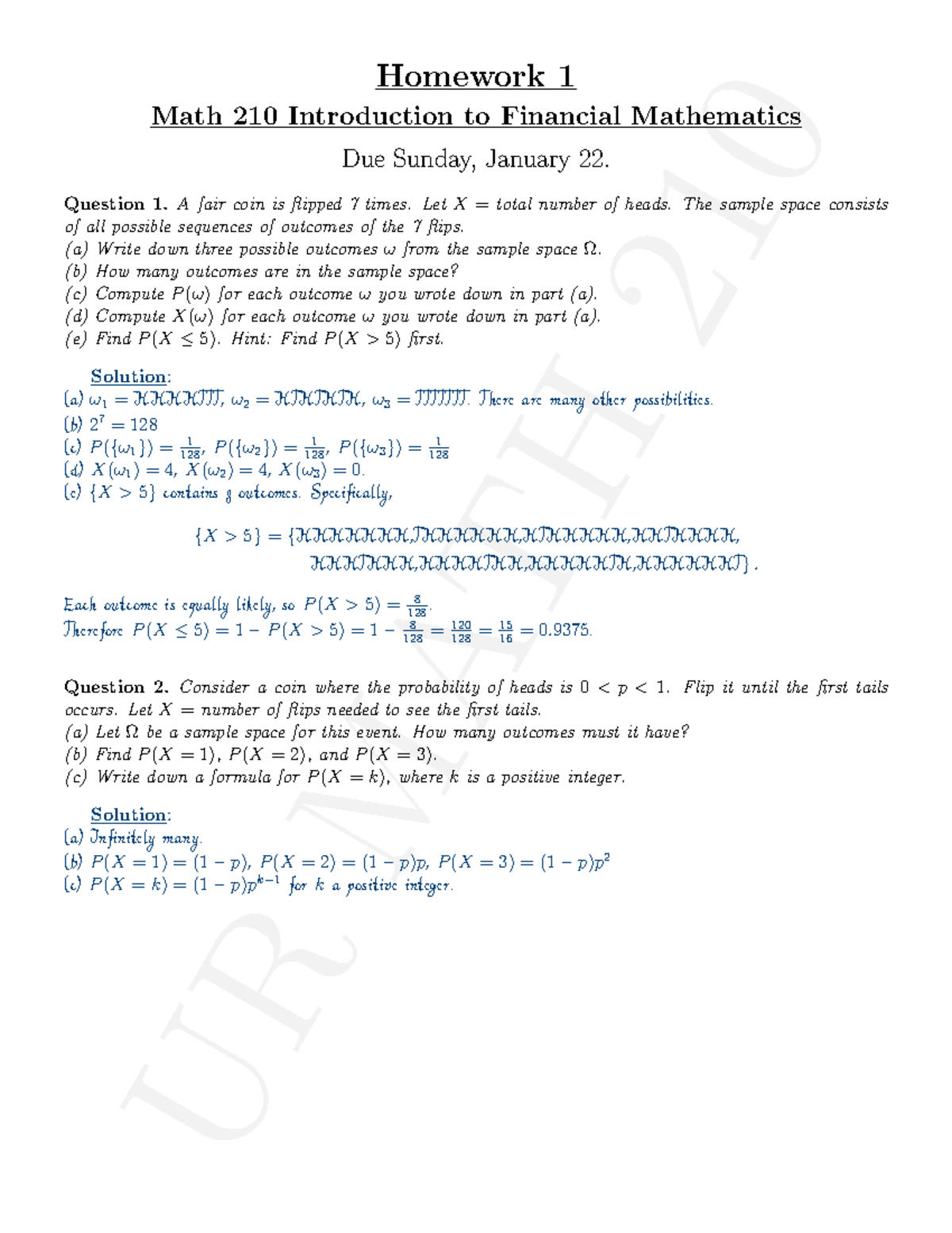 HW1Sol Note - Practice material for Basic probability - UR MATH 210 ...