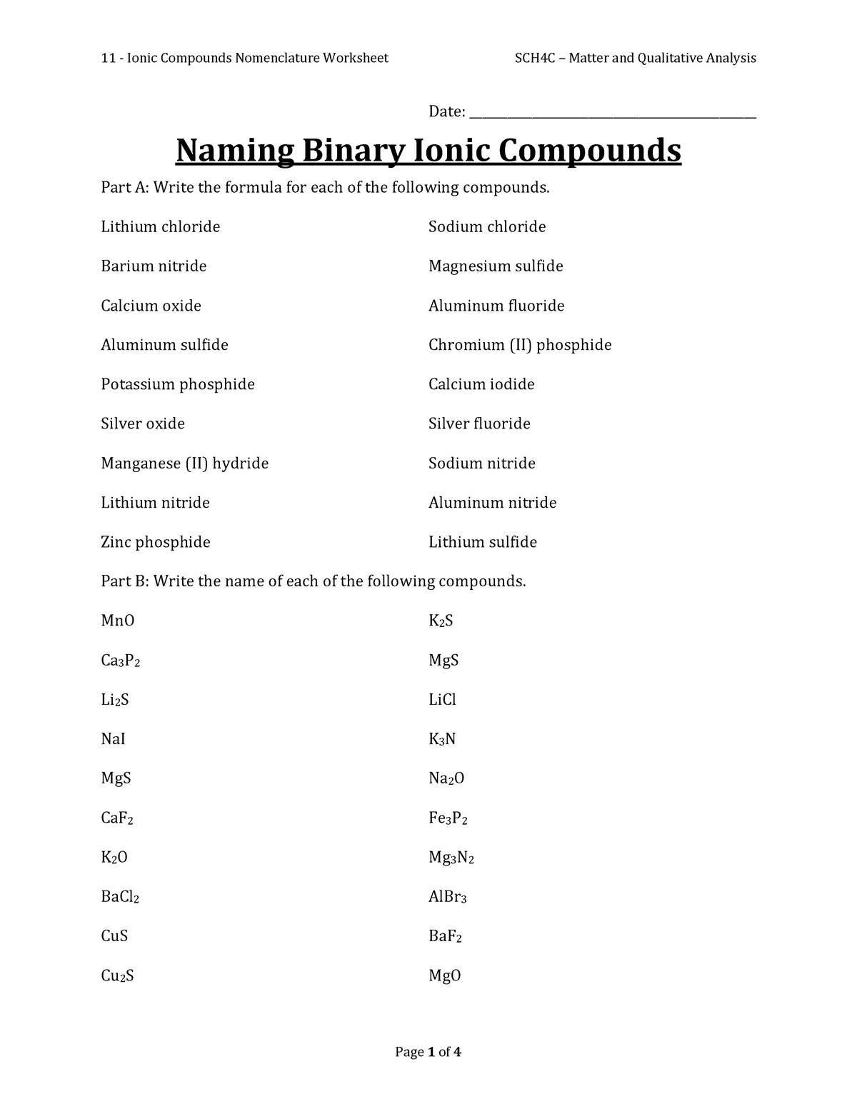11 - Ionic Compounds Nomenclature Worksheet - Grade 11 - Chemistry In Naming Compounds Practice Worksheet