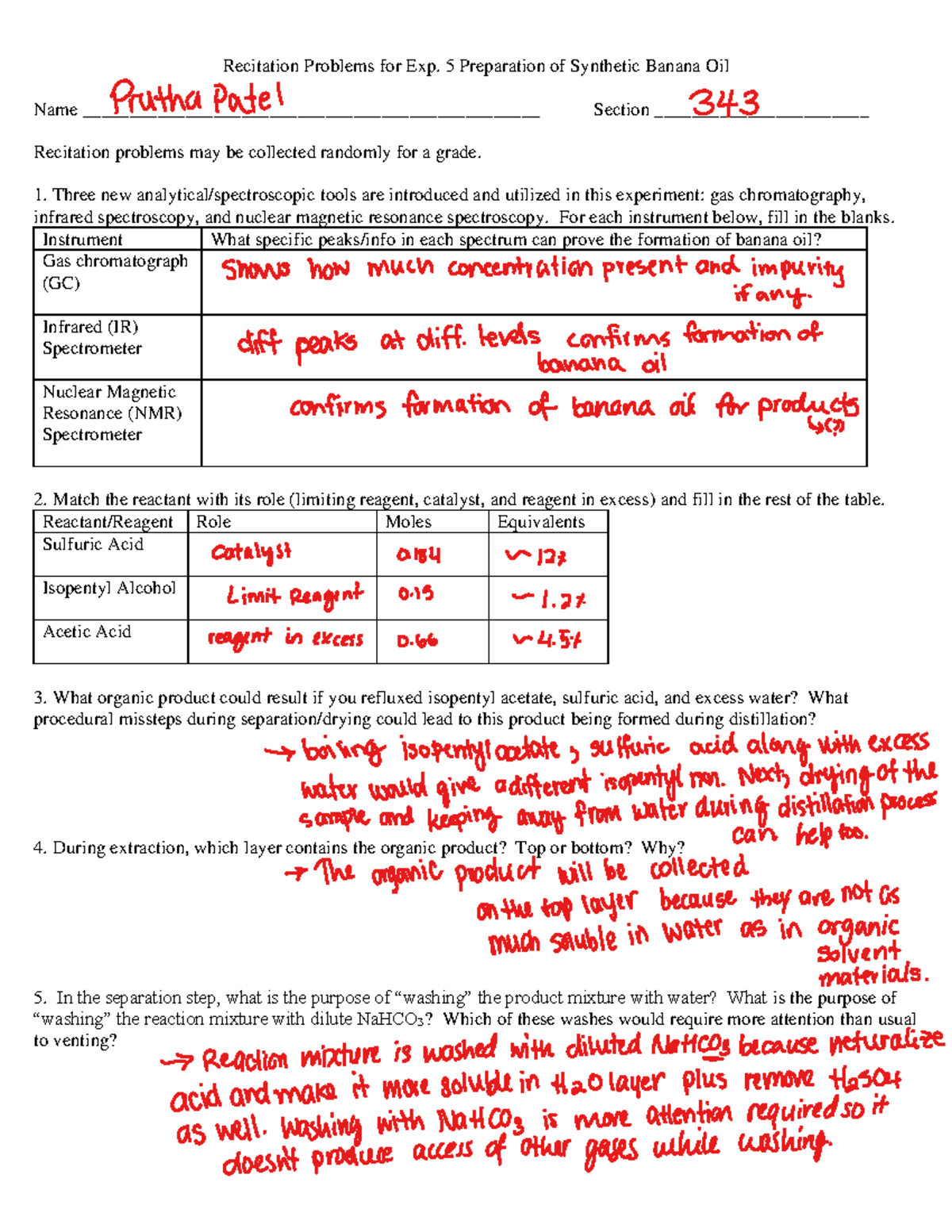 Recitation For Exp 5 - Organic Chemistry I Lab 342 - Recitation ...