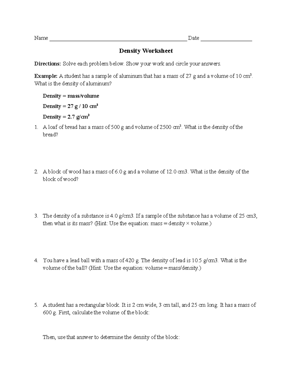 Density worksheet - ,.... - Name ...