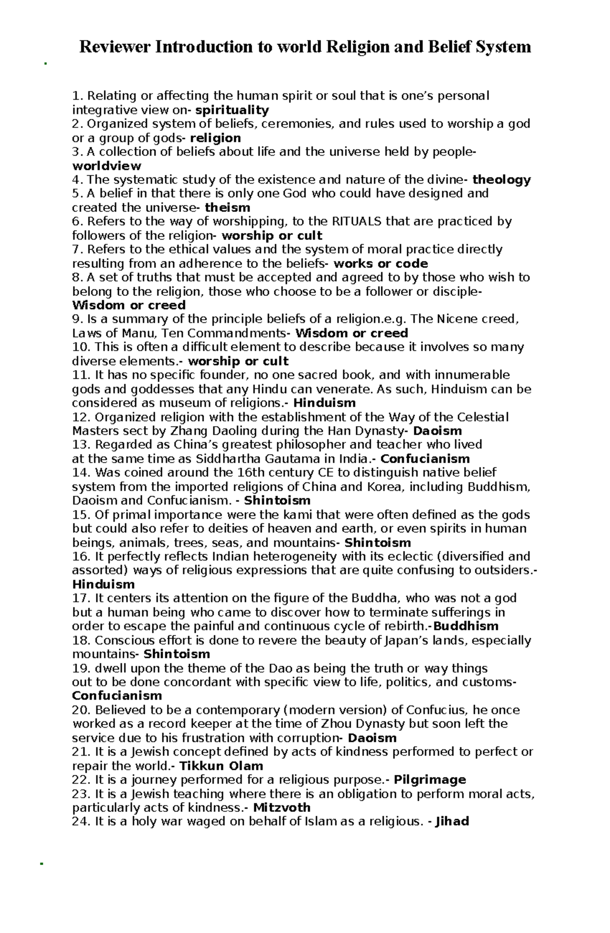 Reviewer in Introduction to world religion and Belief System - Reviewer ...
