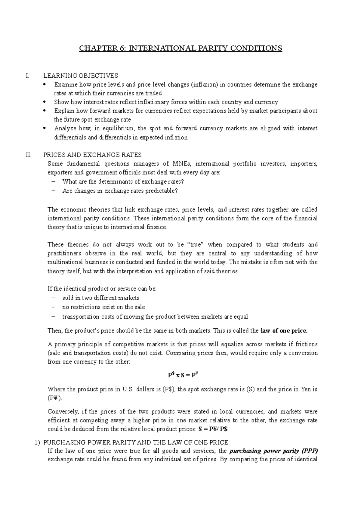 CHapter 6 - apuntes - CHAPTER 6: INTERNATIONAL PARITY CONDITIONS I ...