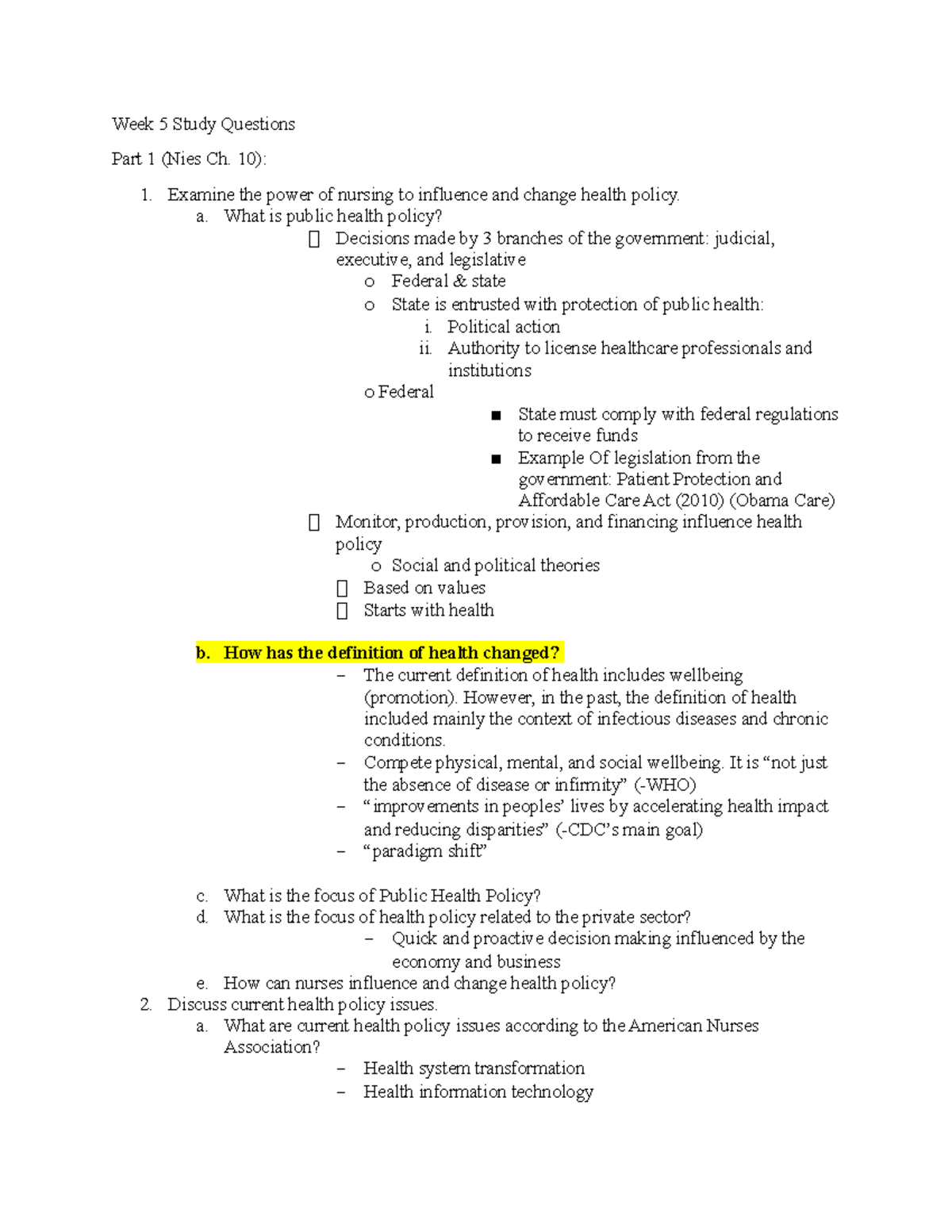 Quiz 5 Study Questions - Week 5 Study Questions Part 1 (Nies Ch. 10 ...