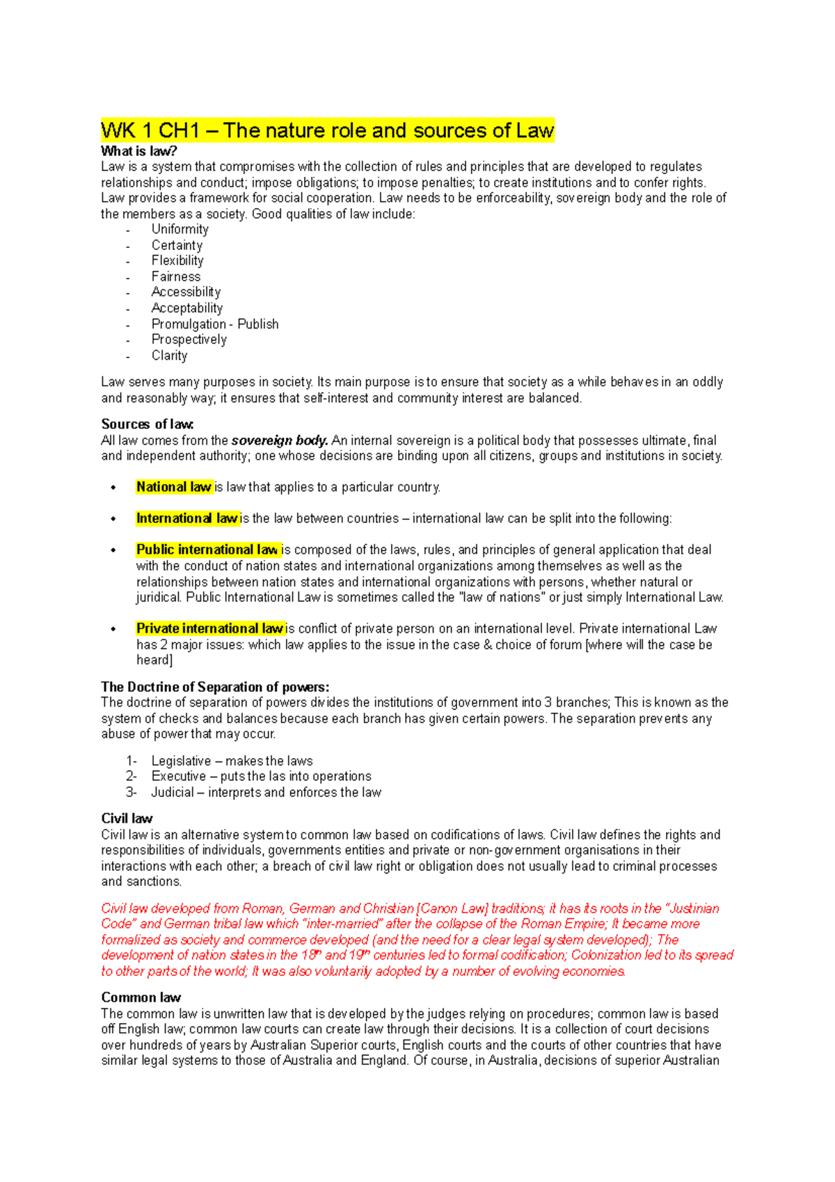 WK1 - notes - WK 1 CH1 – The nature role and sources of Law What is law ...
