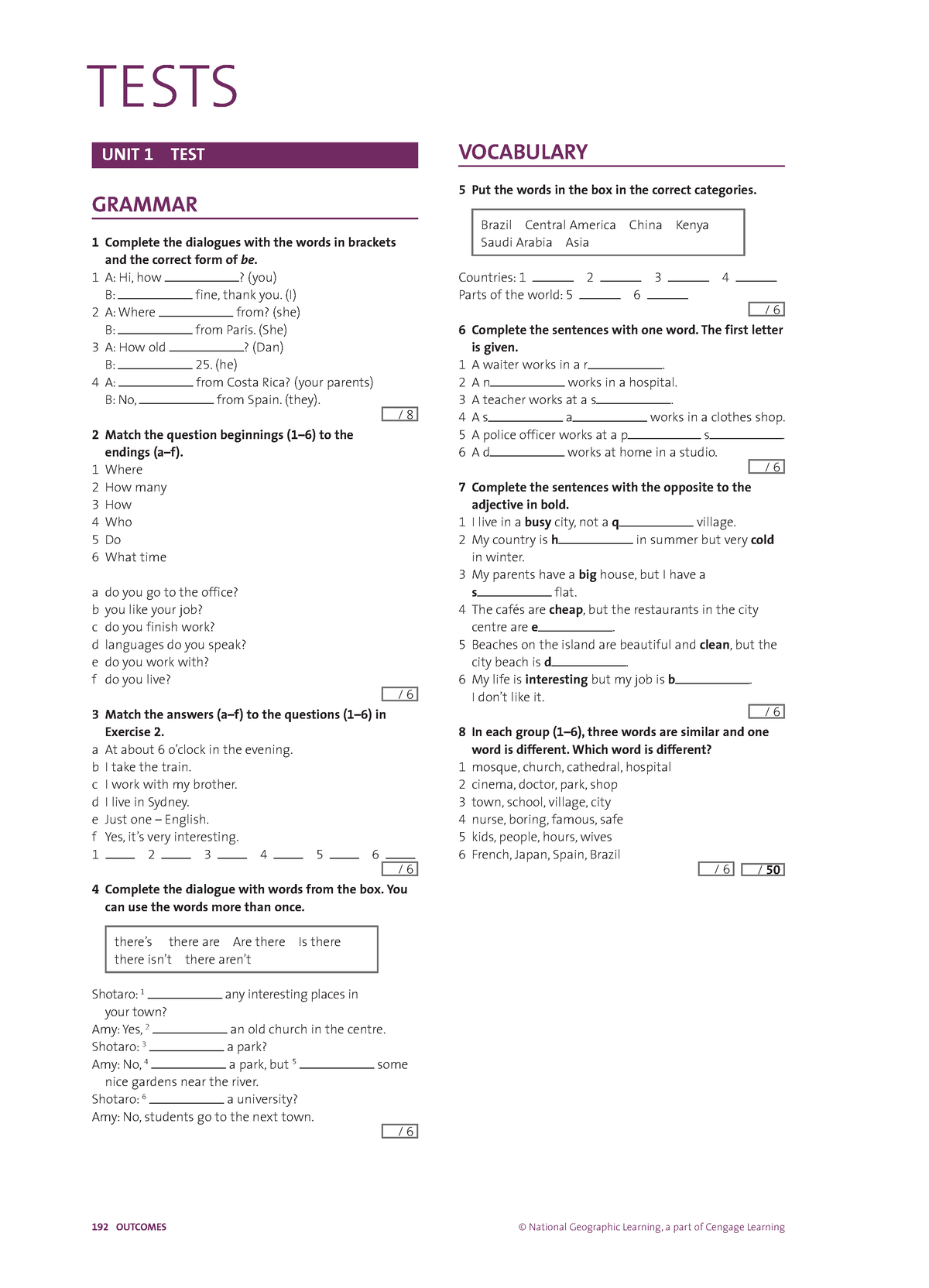 Outcomes Elementary Unit 1 Test - 192 OUTCOMES © National Geographic  Learning, a part of Cengage - Studocu