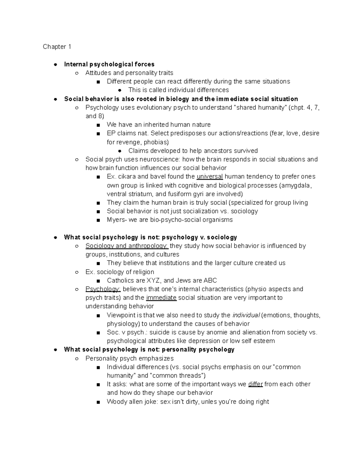 Social Psych Class Notes Chapter 1 and 4 - Chapter 1 Internal ...