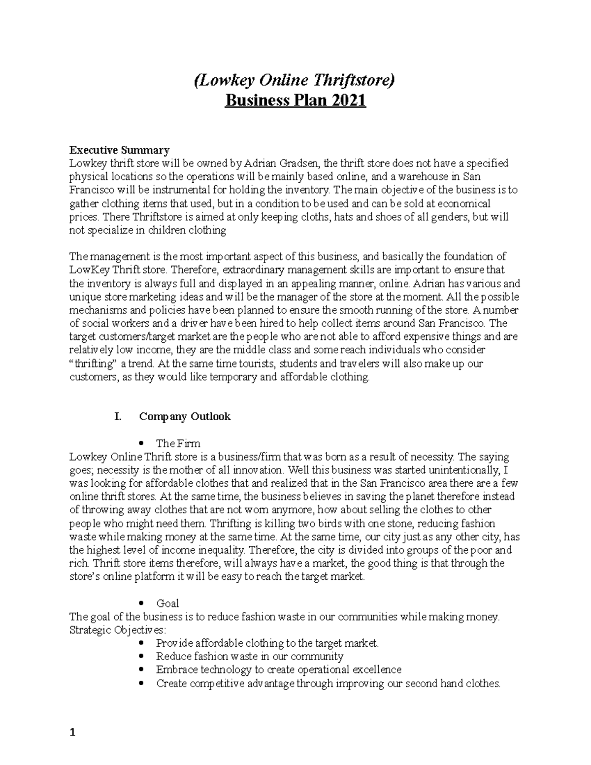 Business Plan (Lowkey Online Thriftstore) Business Plan 2021 Executive Summary Lowkey thrift