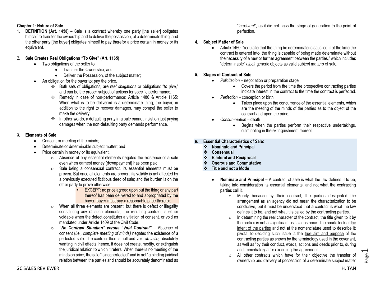 2C Sales Reviewer Chapter 1 Nature Of Sa - Page 1 Chapter 1: Nature Of ...