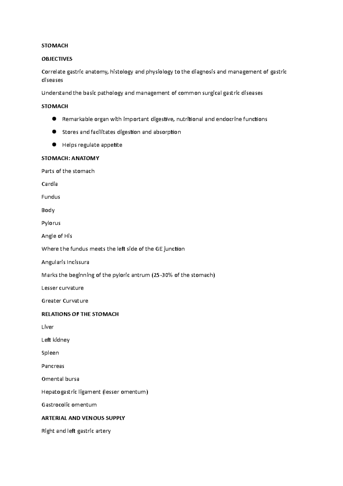 26 stomach - Lecture notes 26 - STOMACH OBJECTIVES Correlate gastric ...