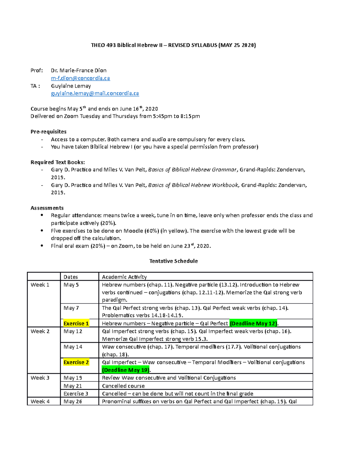 Revised THEO 493 Syllabus Summer 2020 - THEO 493 Biblical Hebrew II ...