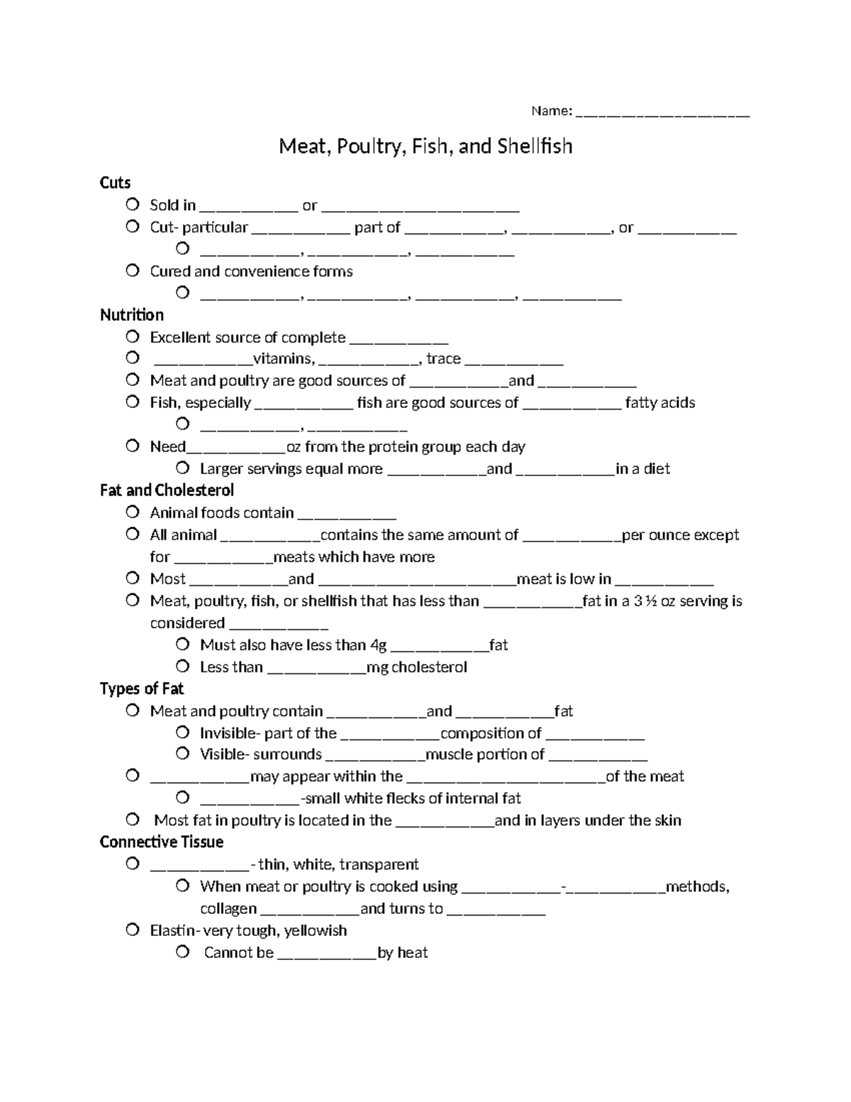 Meat and Poultry Selection and Storage notes Name