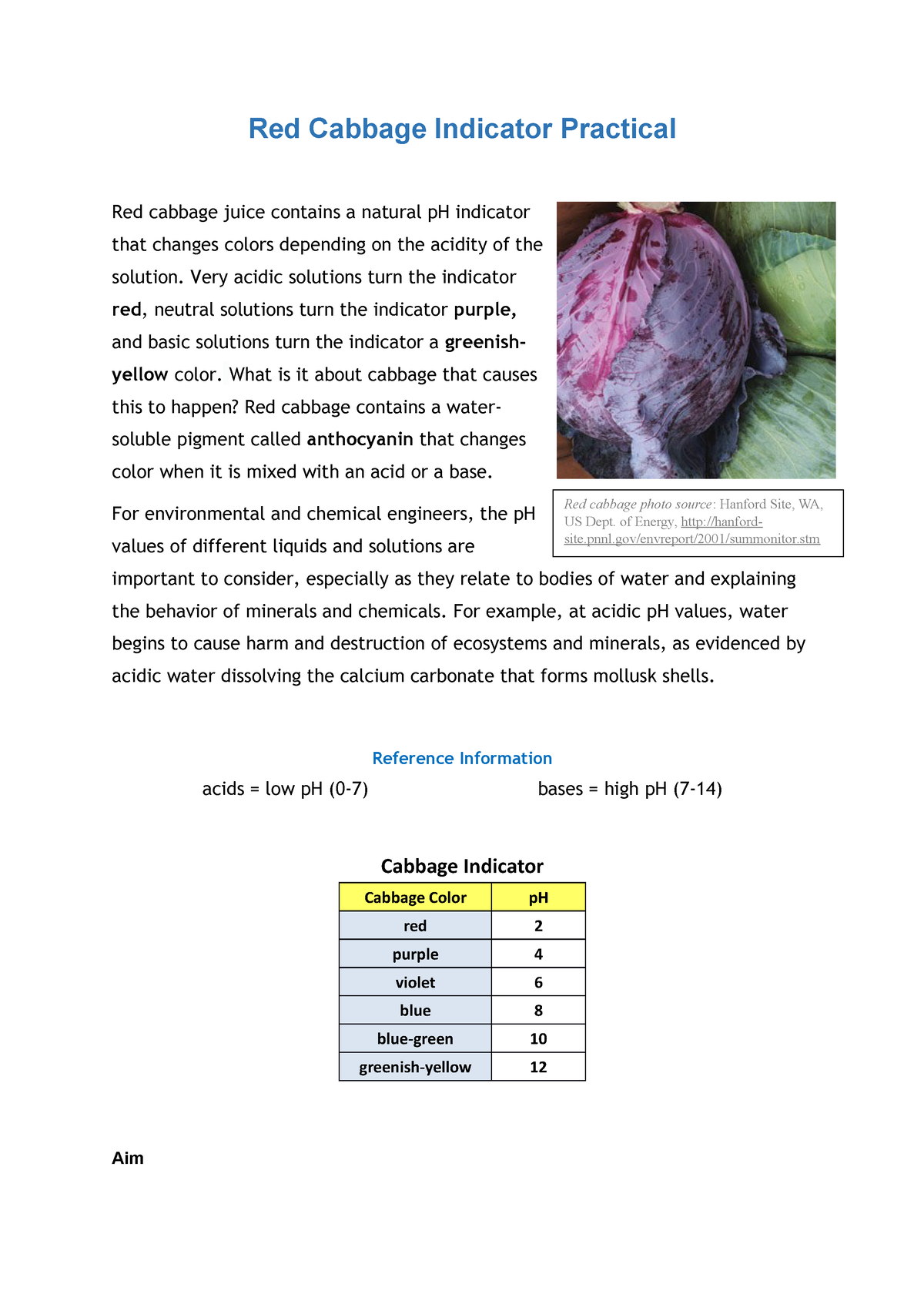 red cabbage indicator experiment risk assessment