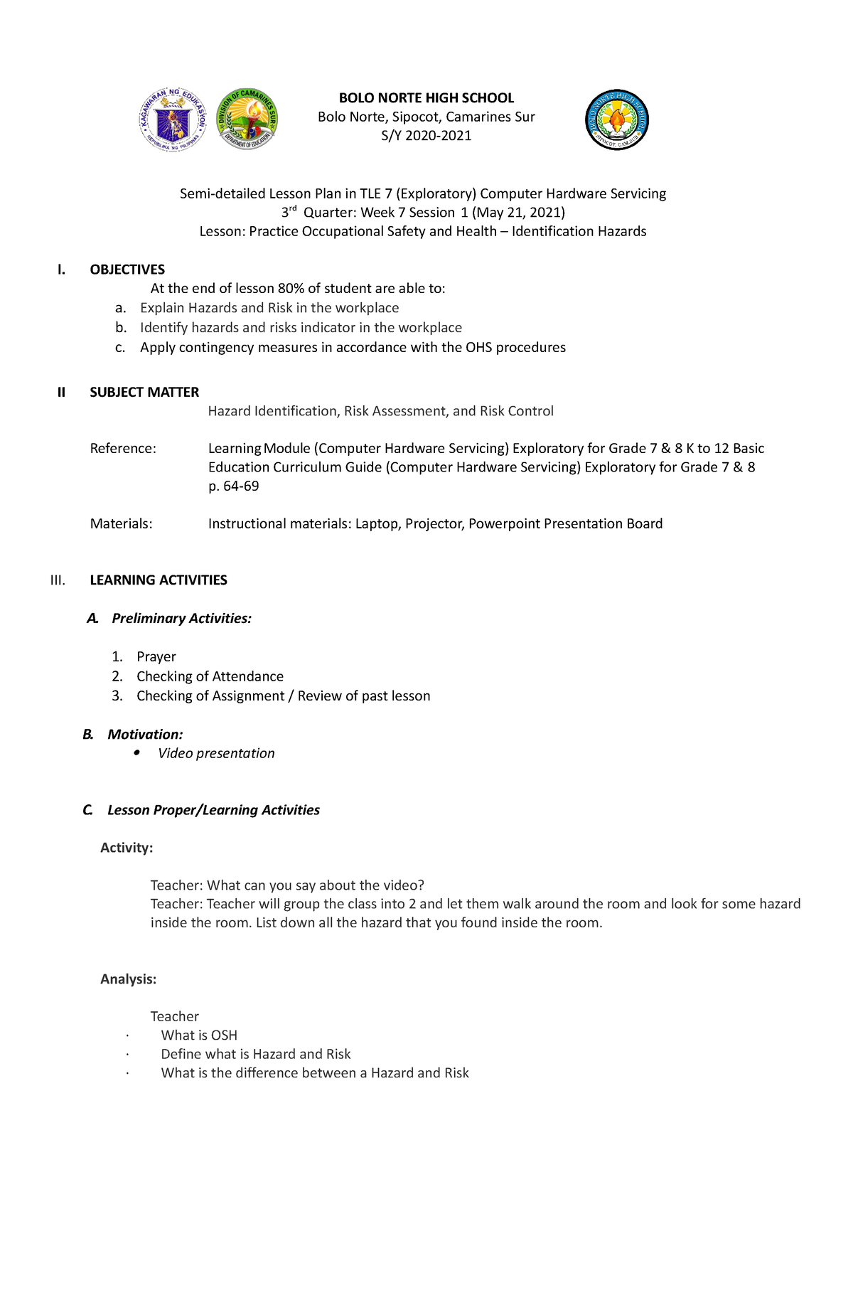 notes in hazard and risk - BOLO NORTE HIGH SCHOOL Bolo Norte, Sipocot ...