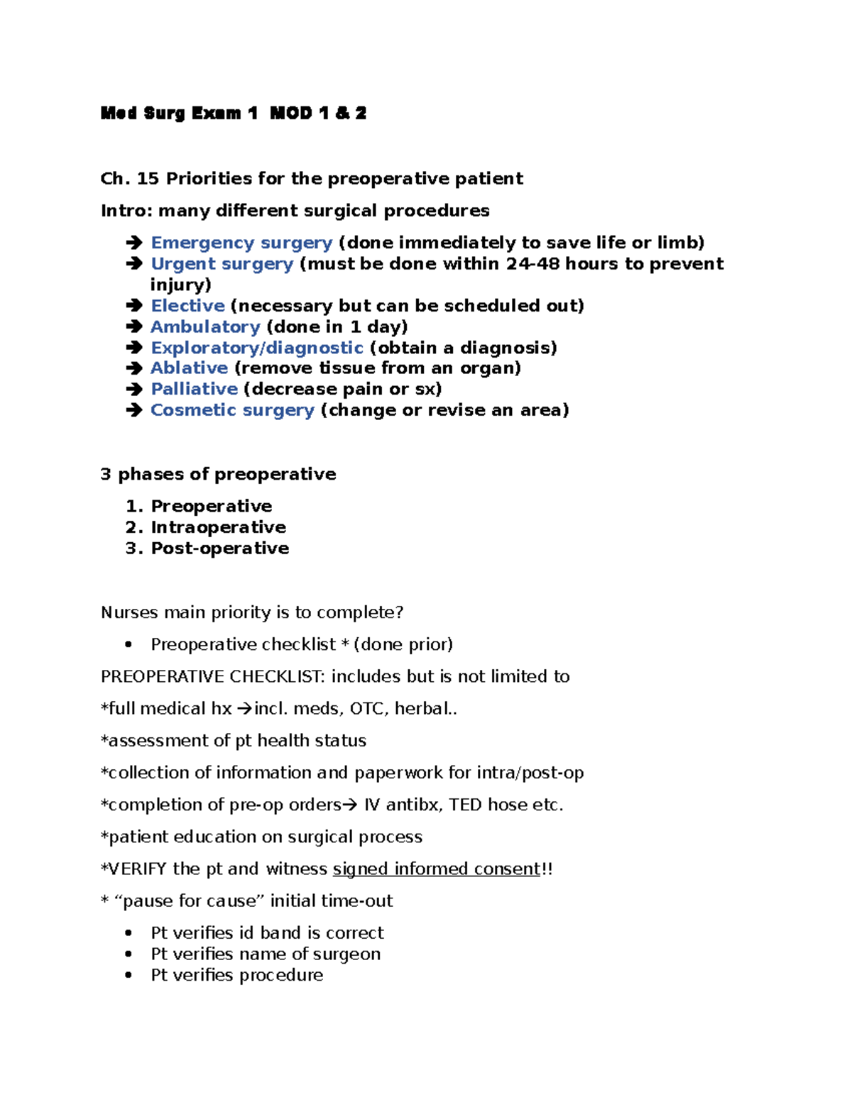 Med Surg Exam 1 MOD 1 - N/a - Med Surg Exam 1 MOD 1 & 2 Ch. 15 ...