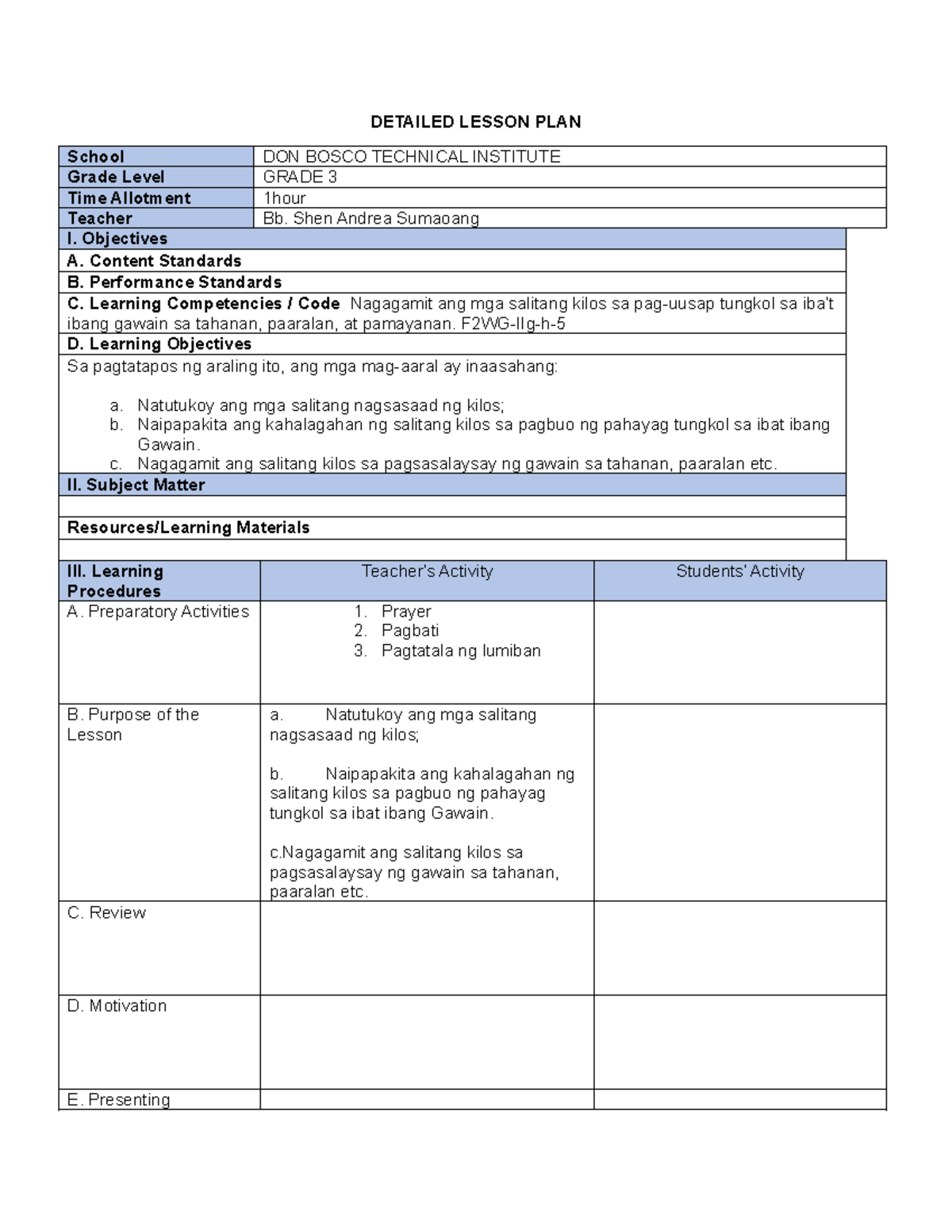 Detailed Lesson PLAN Format 1 - DETAILED LESSON PLAN School DON BOSCO ...