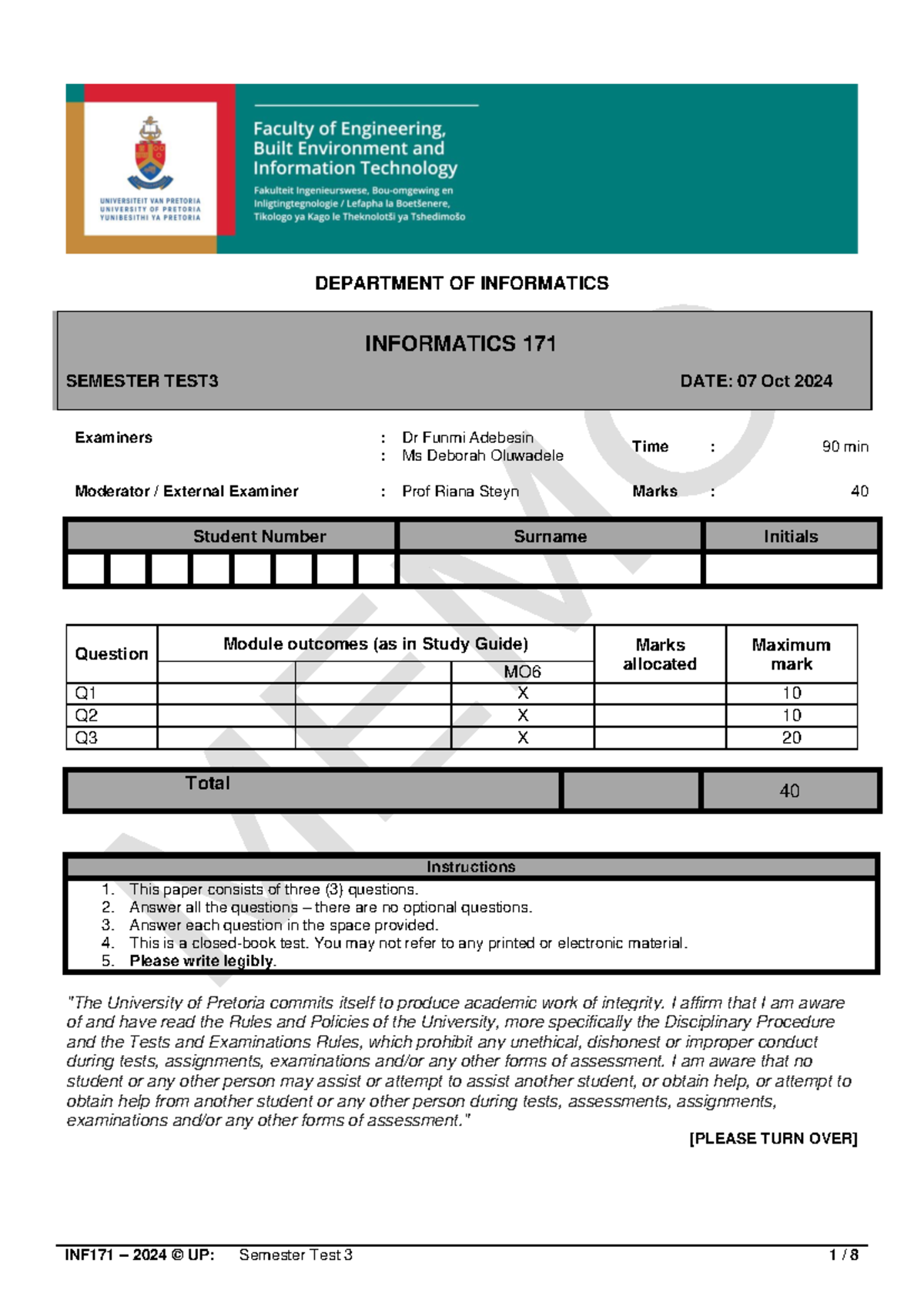 INF171 2024 Semester test 3 memo Final - DEPARTMENT OF INFORMATICS ...