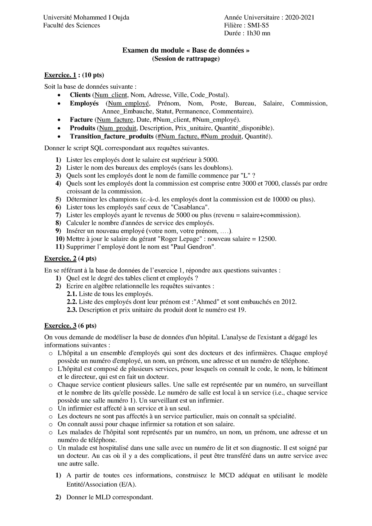 SGBD SMI S5 2020-2021 Session Rattrapage - Université Mohammed I Oujda ...