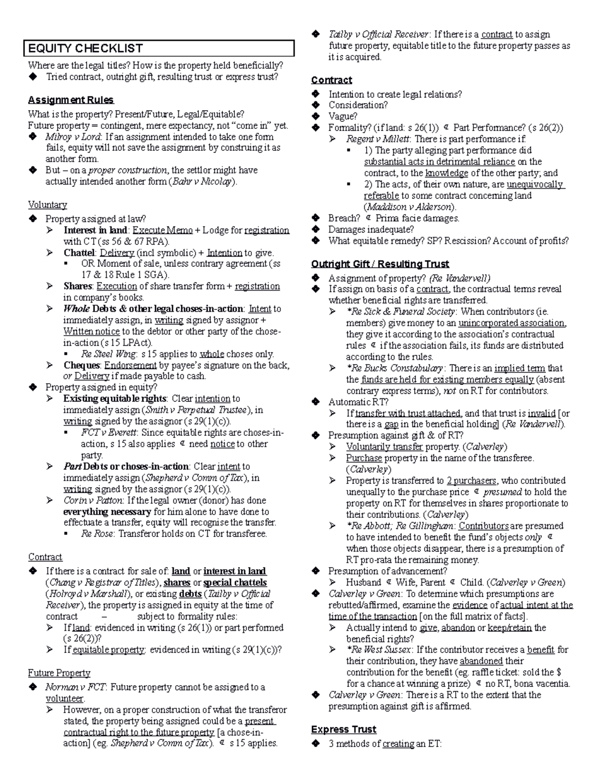 Equity Checklist - EQUITY CHECKLIST Where are the legal titles? How is ...