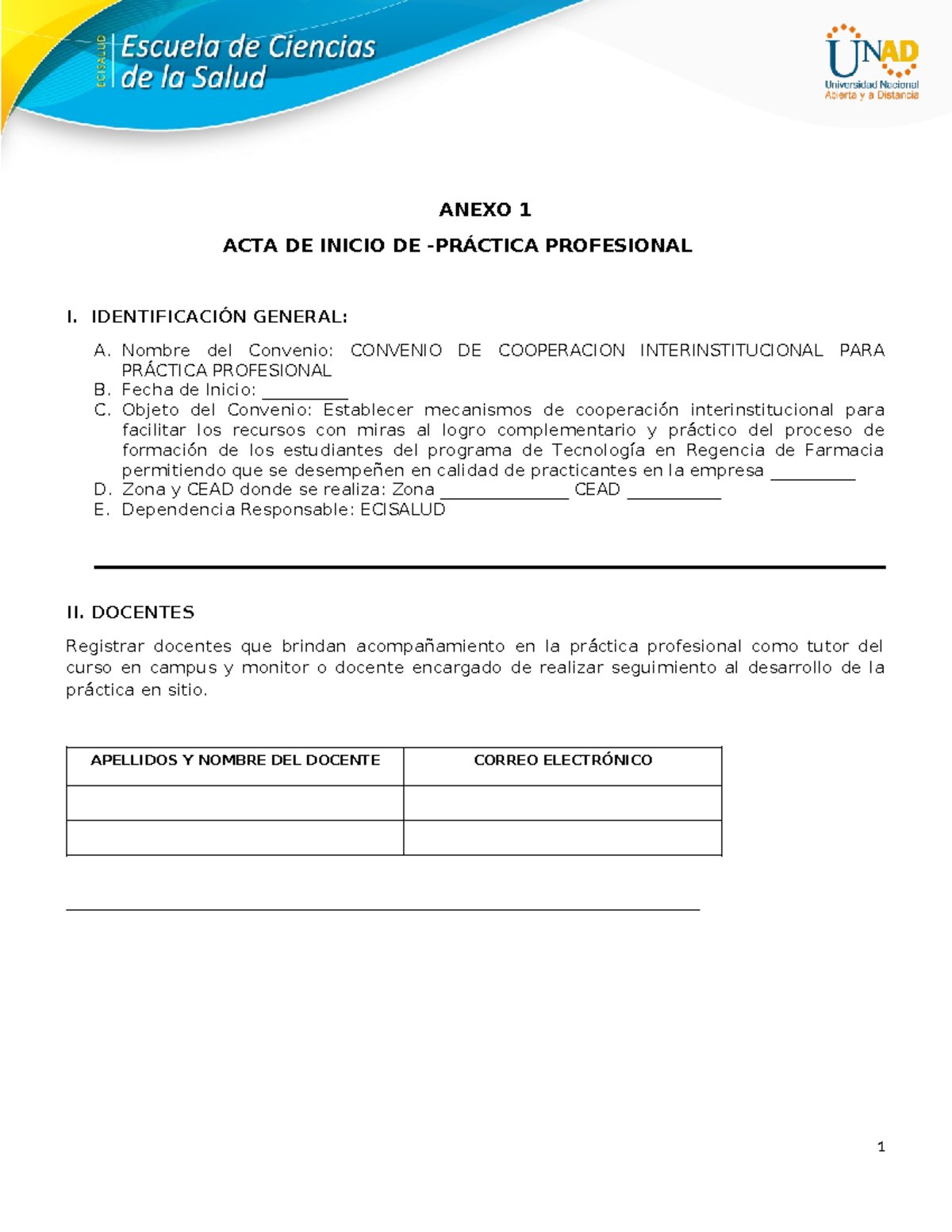 Anexo 1 - Acta de Inicio de practica profesional - ANEXO 1 ACTA DE ...