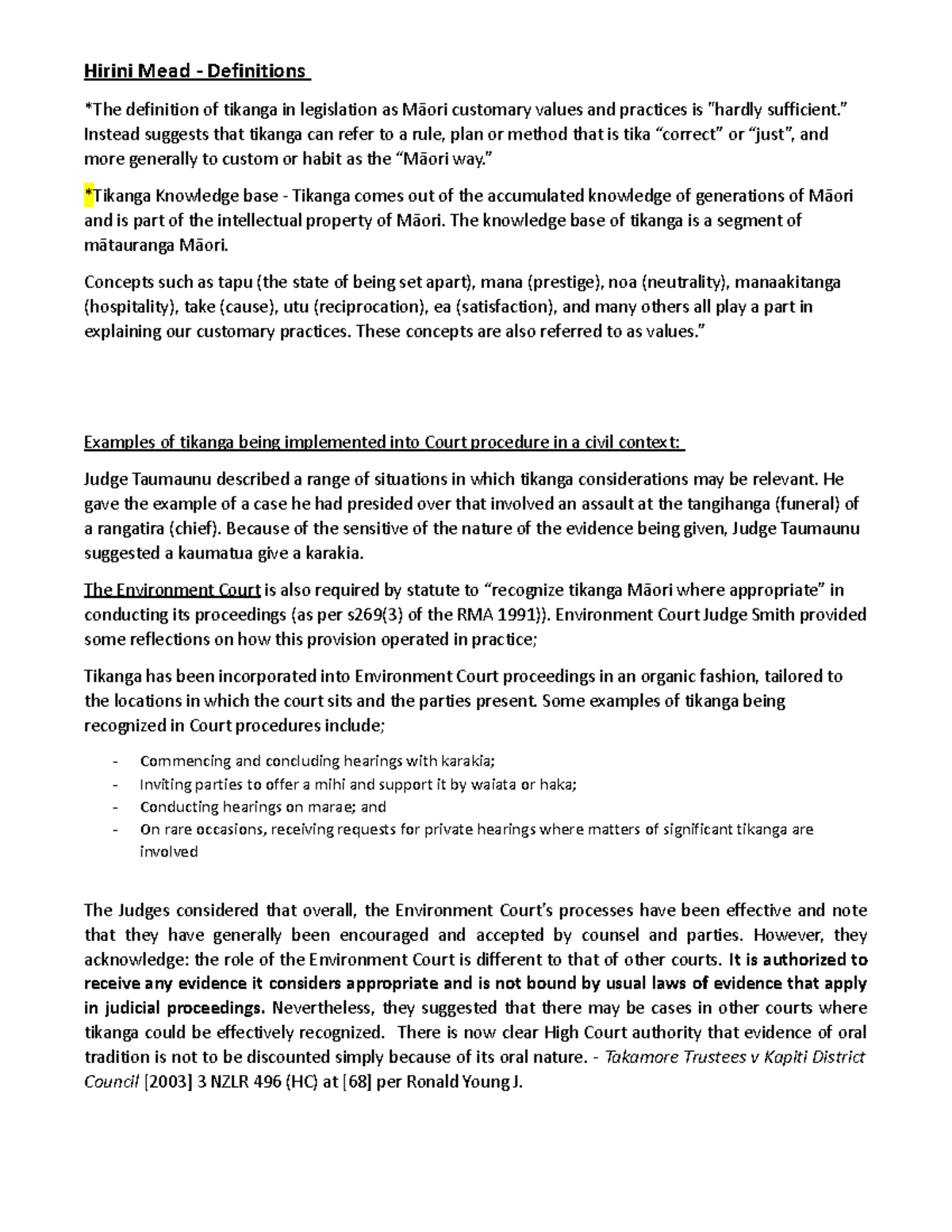 LAWS307 PART 2 exam notes Hirini Mead Definitions *The definition