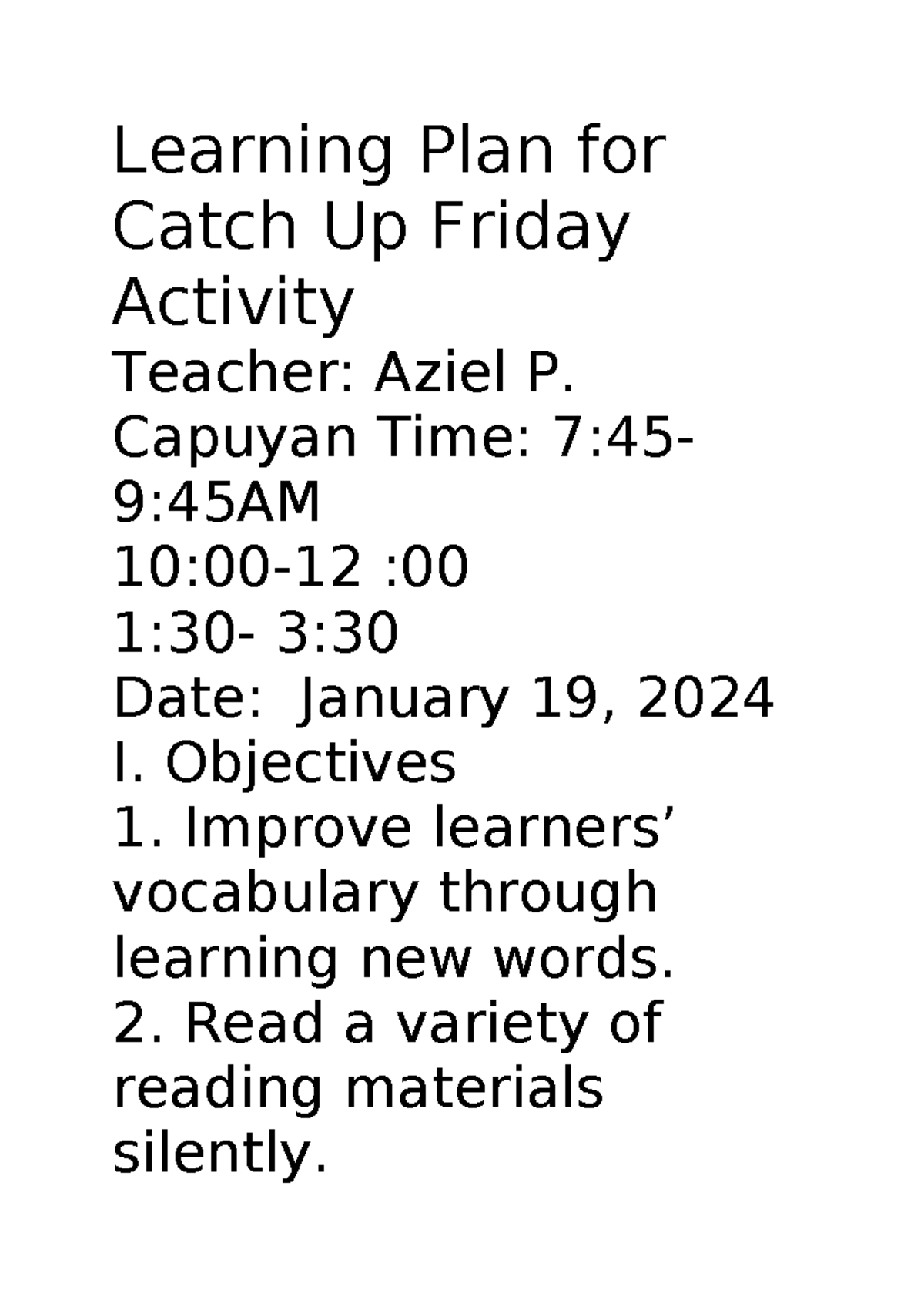 Learning Plan for Catch Up Friday Activity - Learning Plan for Catch Up ...