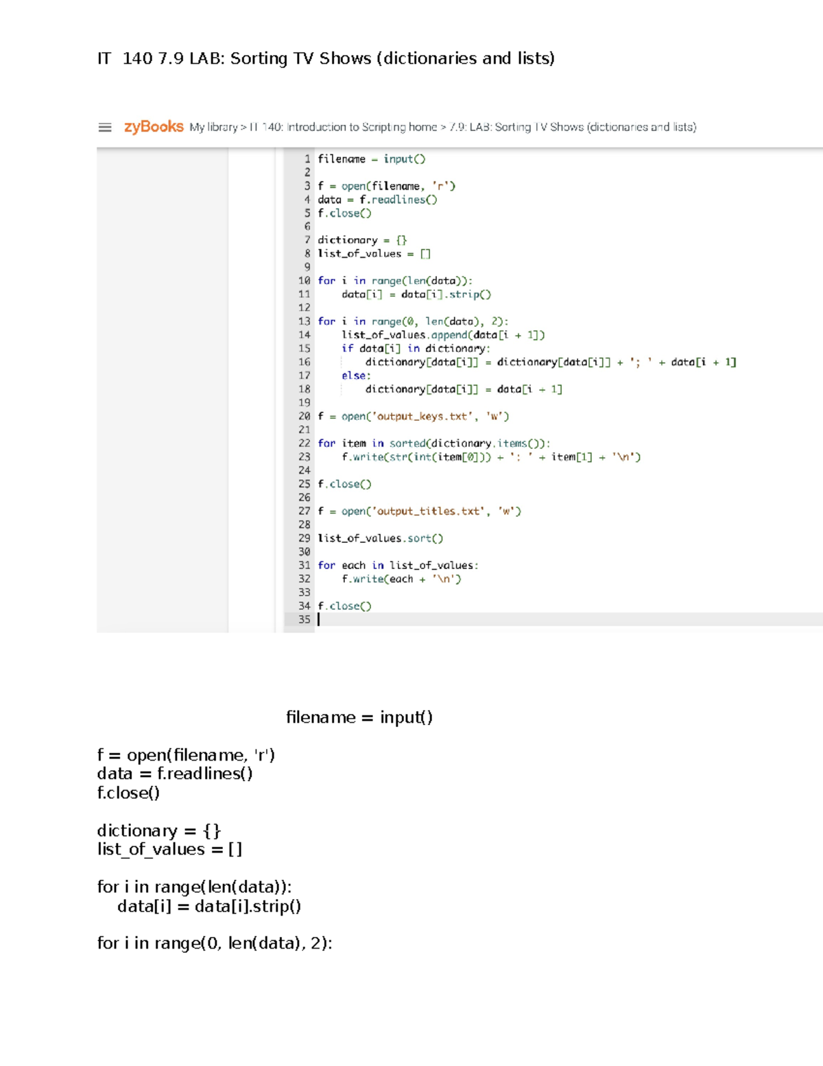 IT 140 7.9 LAB Sorting TV Shows (dictionaries and lists) IT140 IT 140 7 LAB Sorting TV