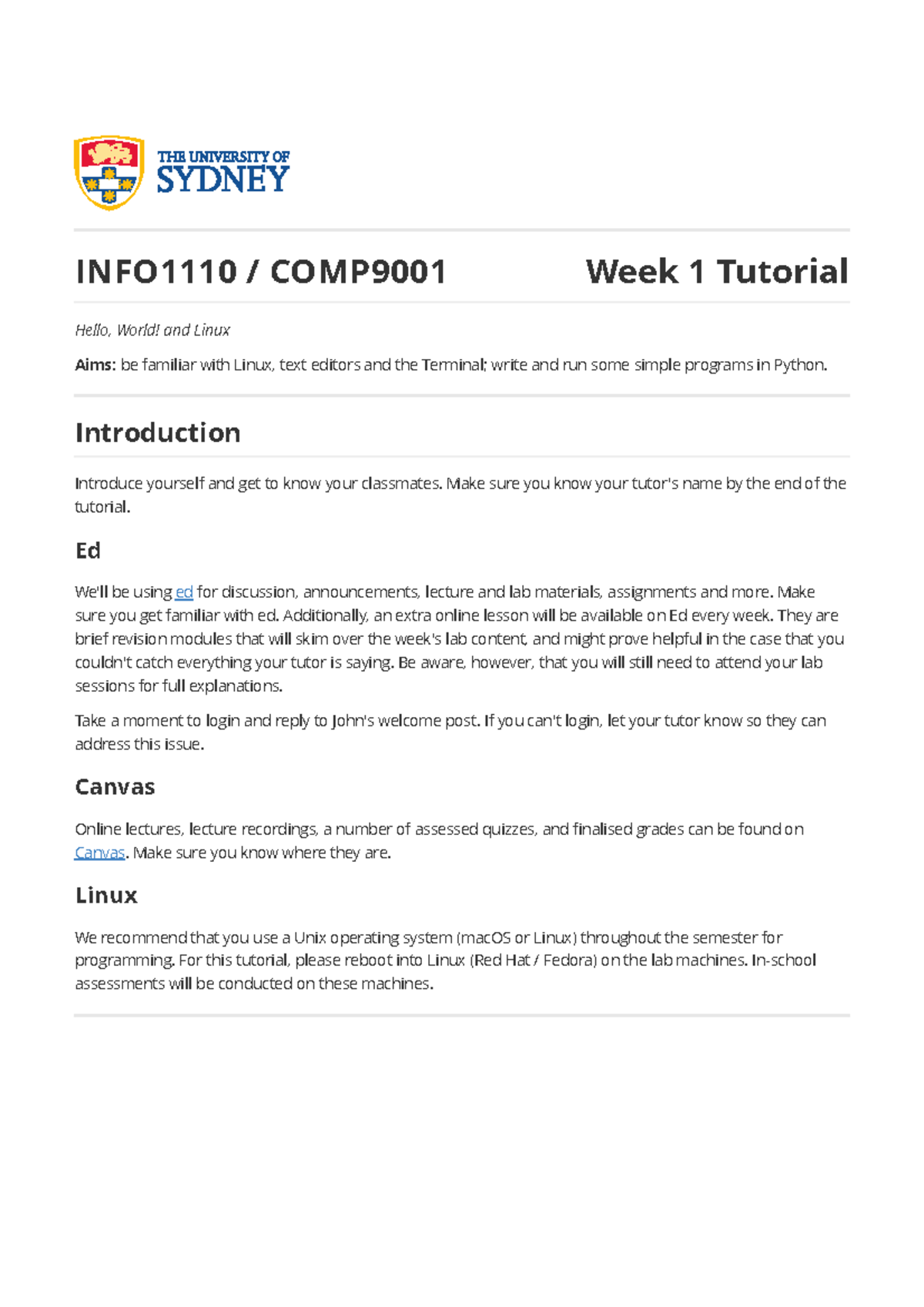 Week 1 - Hello, World and Linux - INFO1110 / COMP9001 Week 1 Tutorial ...