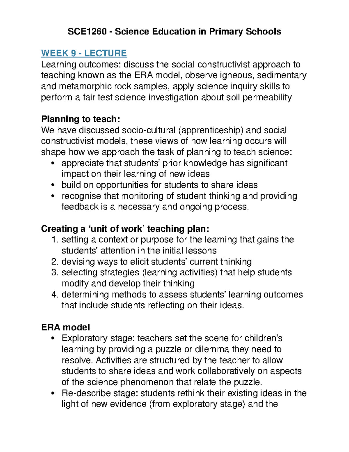 SCE1260 week 9 - Lecture notes 9 - SCE1260 Science Education in Primary ...