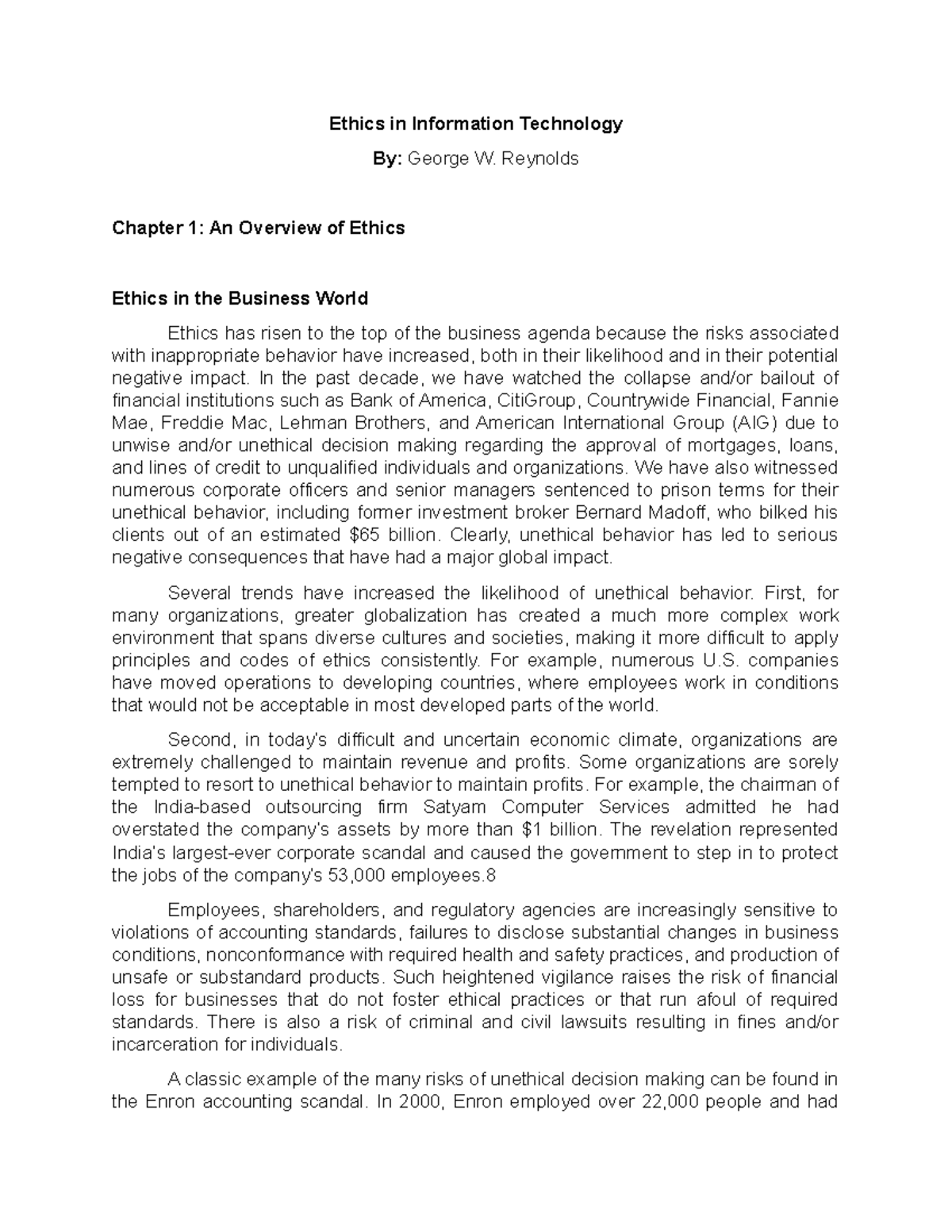 Ethics in the Business World Chapter 1 An Overview of Ethics - Ethics ...